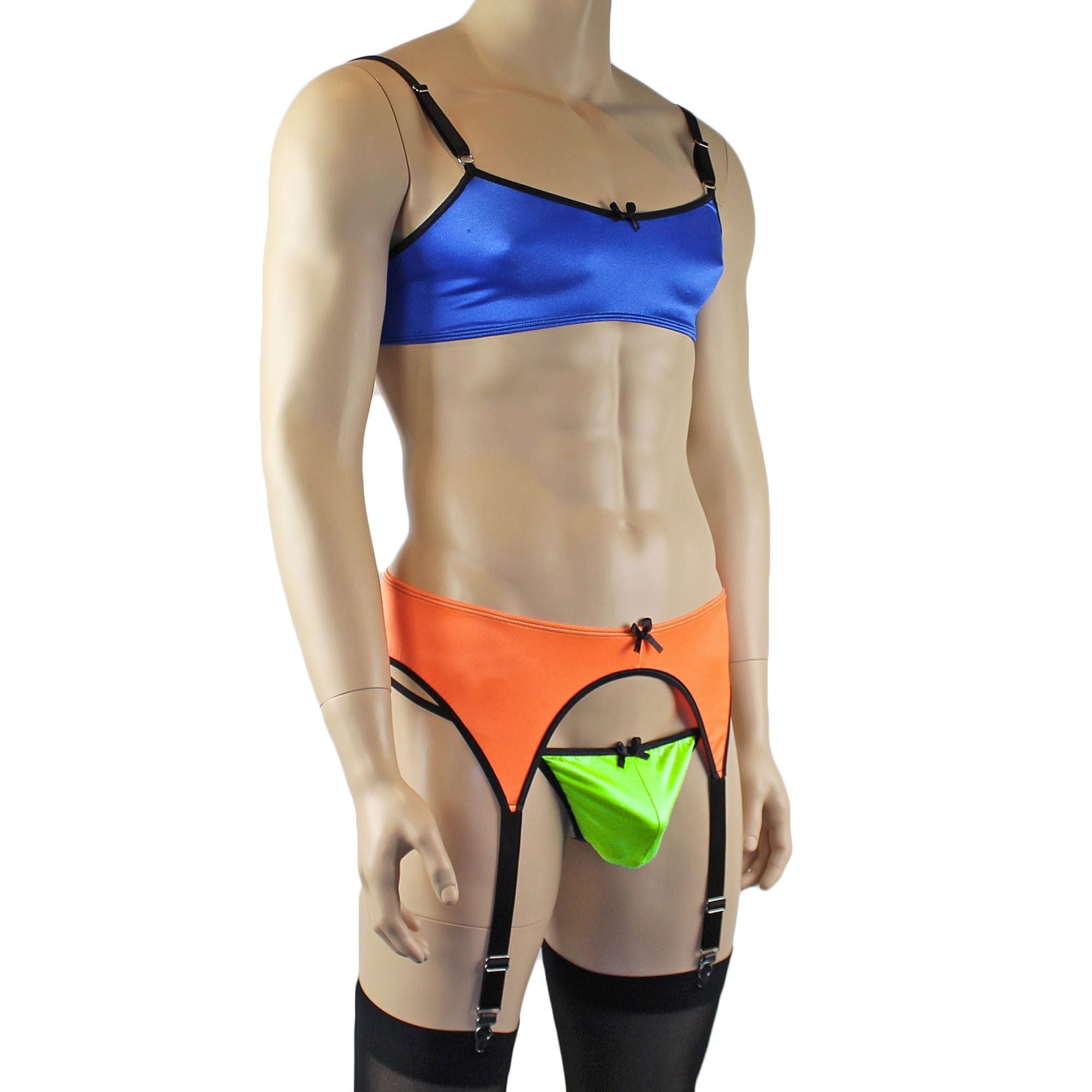 Mens Jenny Shiny Spandex Bra Top, G string and Garterbelt Multi Set Blue Orange Green