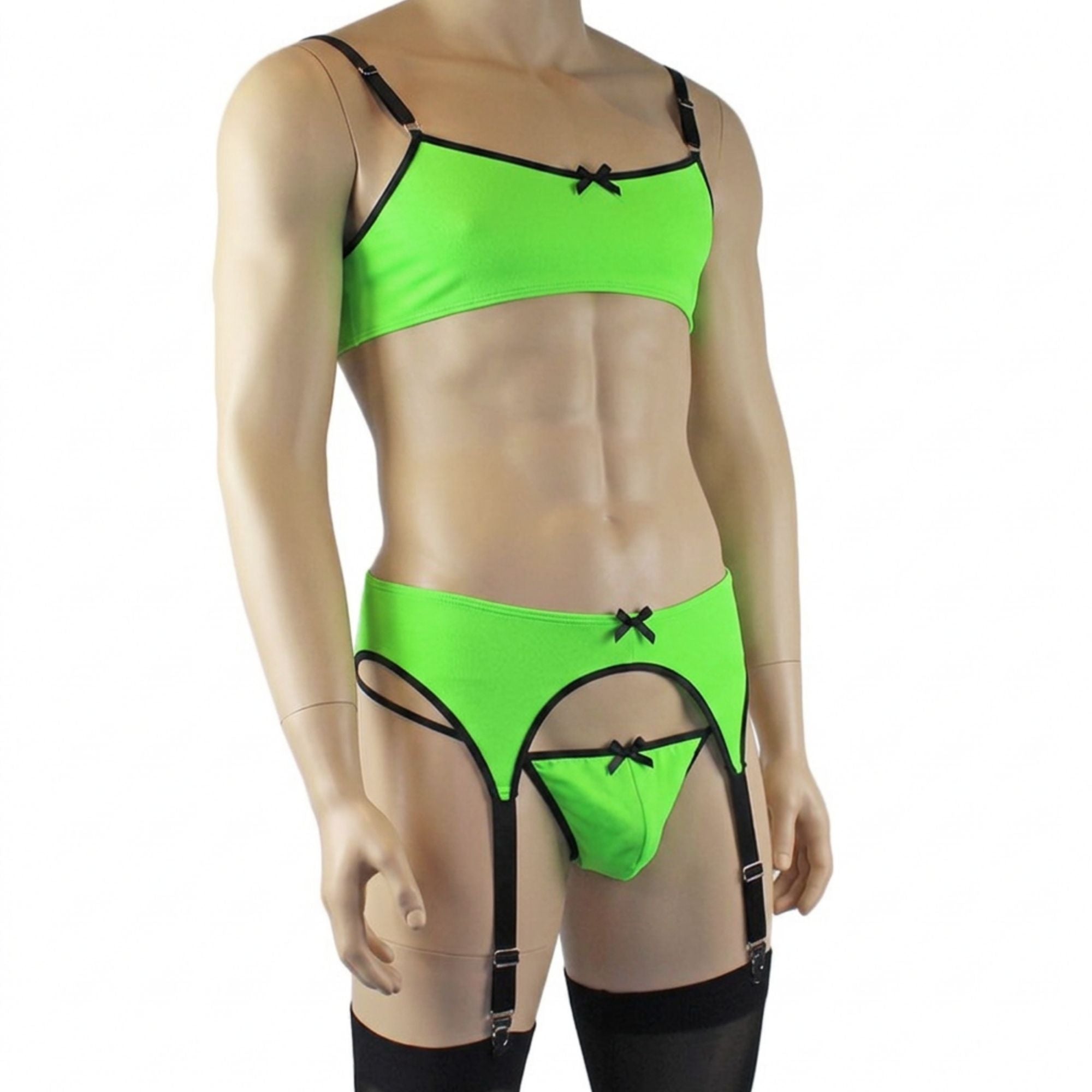 Mens Jenny Shiny Spandex Bra Top, G string and Garterbelt Lingerie Neon Green & Black