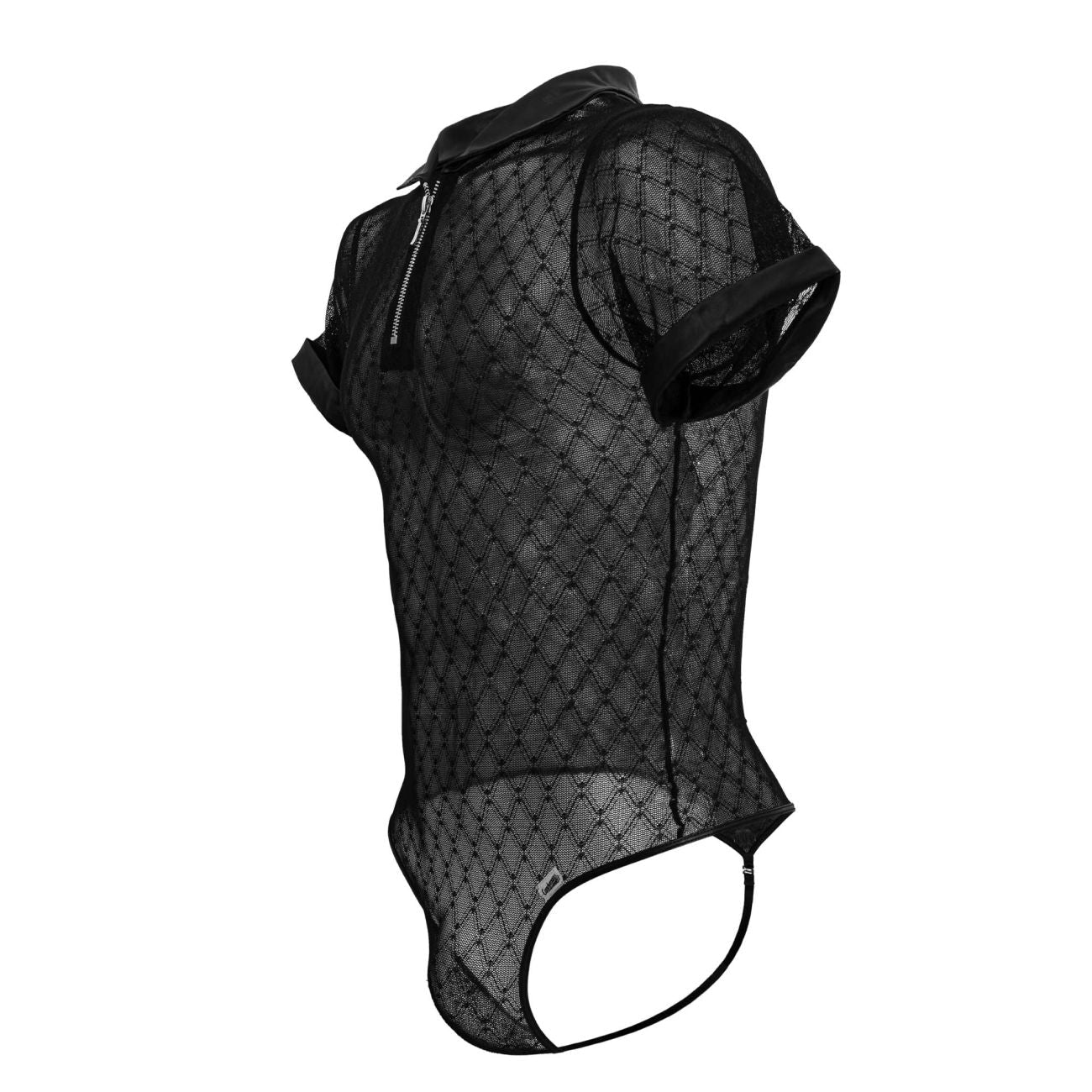 CandyMan 99902 Male Sheer Polo Inspired Geometric Mesh Bodysuit Black