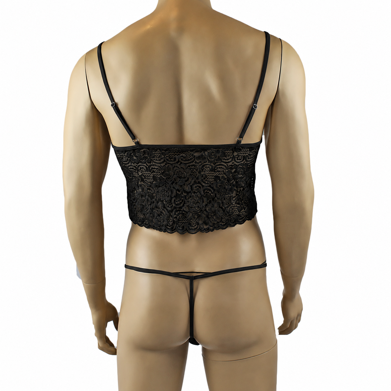 Mens Rebecca Pretty Floral Lingerie Lace Camisole Top, Micro Mini Skirt and G string Black