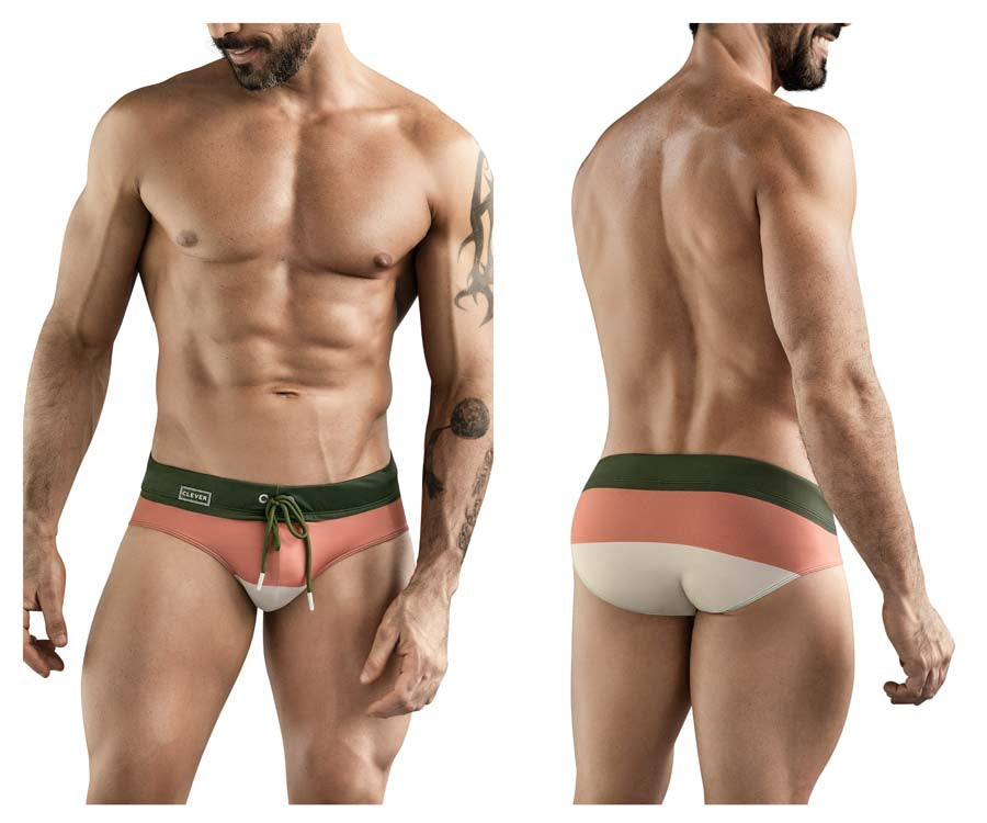 Clever 1802 Wave Mens Striped Swim Briefs Green Multi