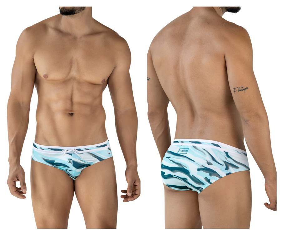 Clever 2067 Baru Mens Aqua Wave-Print Swim Briefs Blue