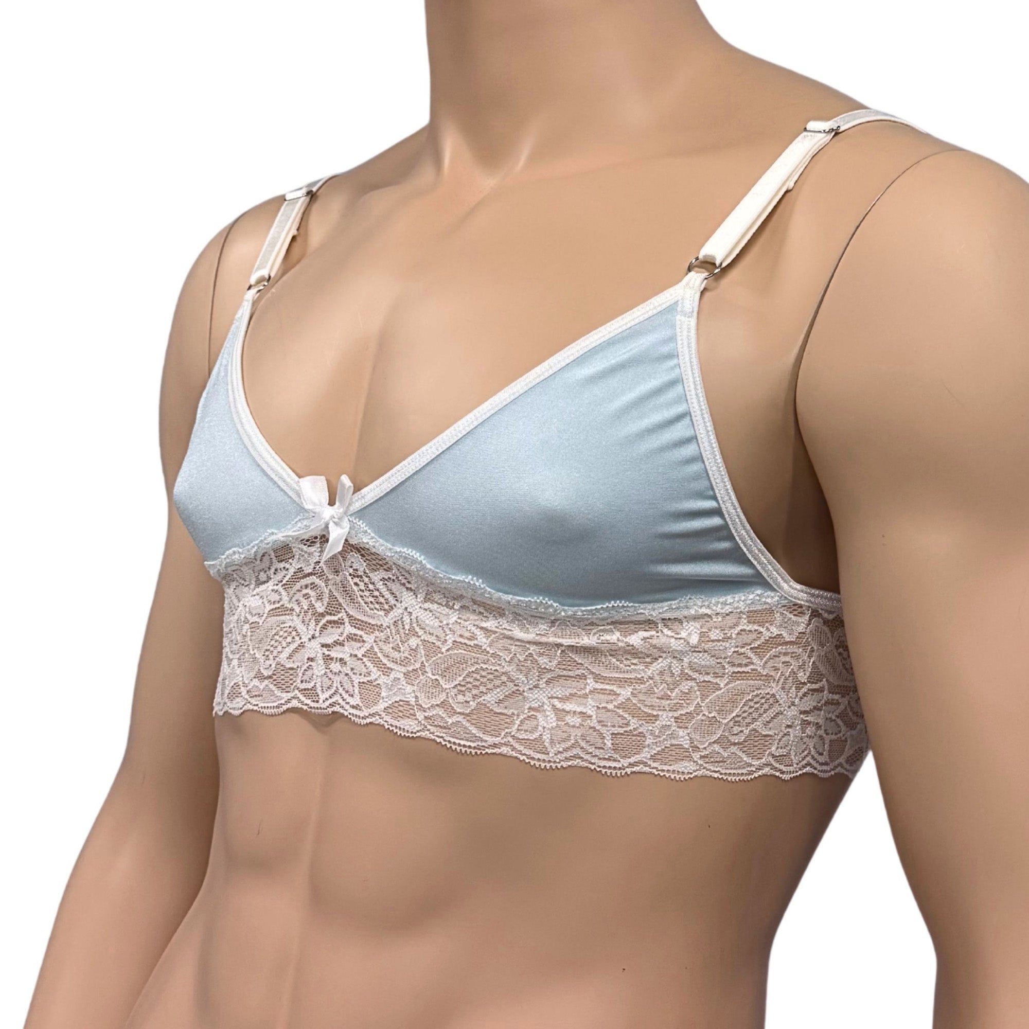 Mens Jackie & Lace Bra Top with Fun & Flirty Detail (light blue & white lace plus other colours)