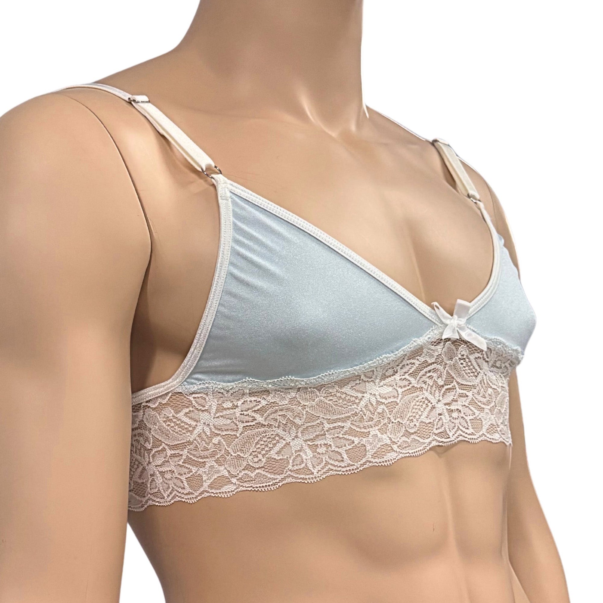 Mens Jackie & Lace Bra Top with Fun & Flirty Detail (light blue & white lace plus other colours)