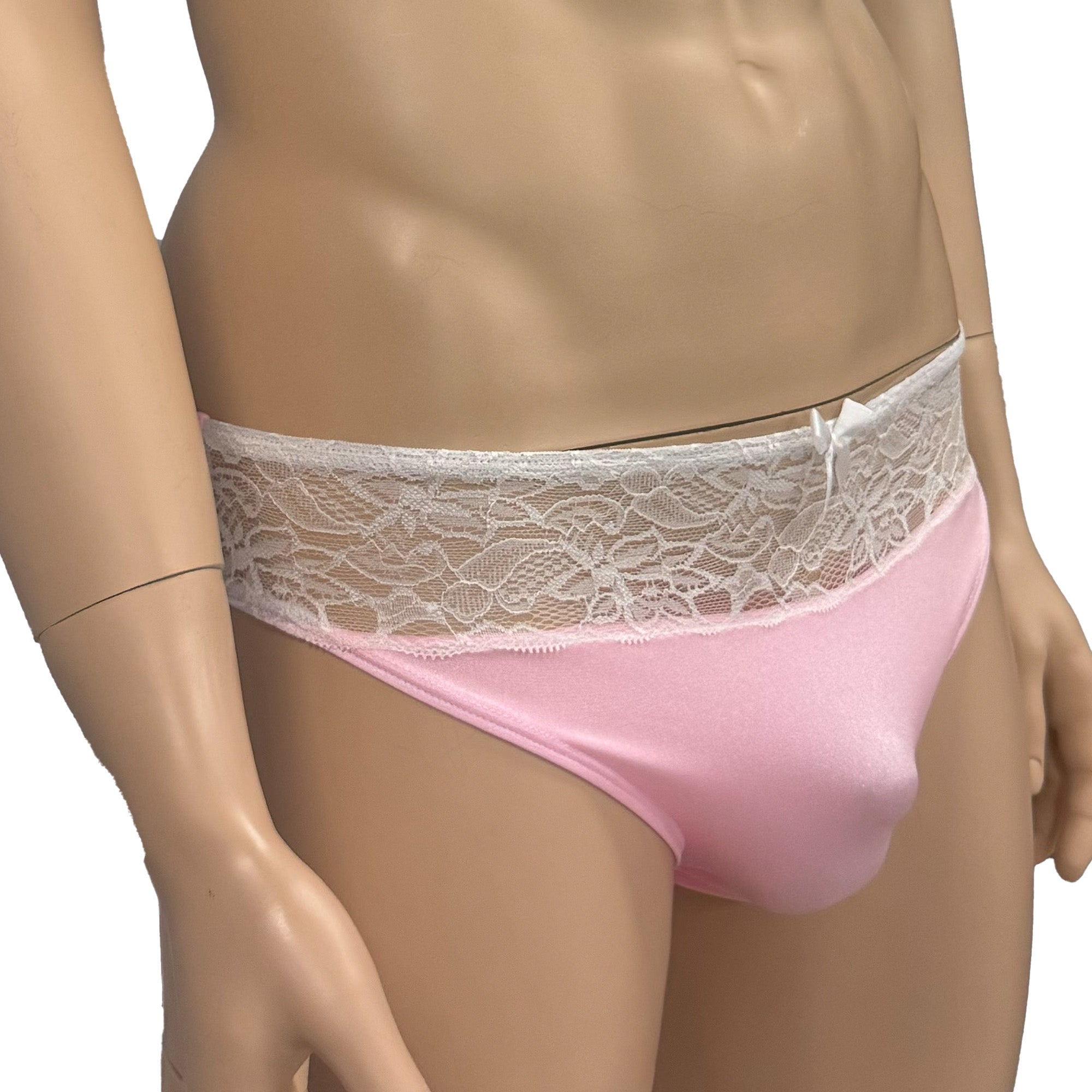 Mens Jackie Stretch Spandex Seamless Front Bikini Brief (light pink & white lace plus other colours)