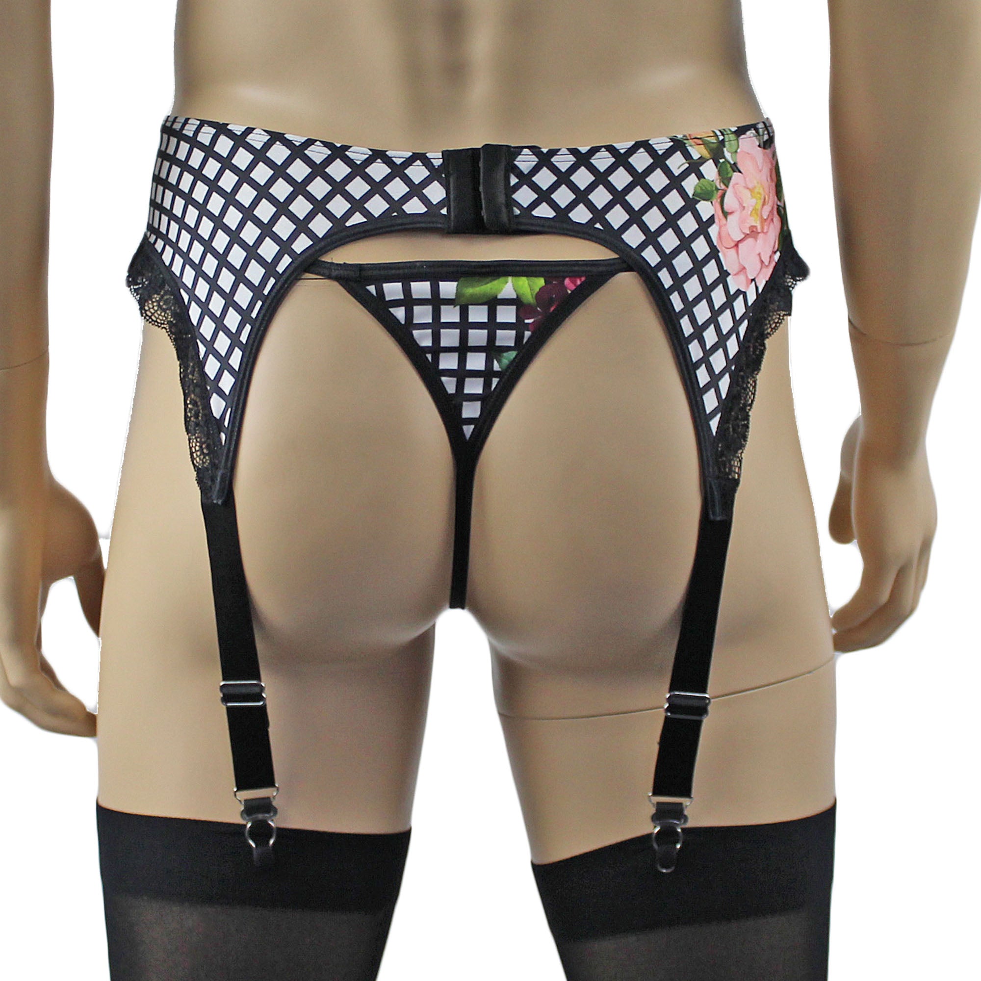 Mens Diana Bra Top , Garterbelt & G string in a Pretty Flower Checkered Print Spandex