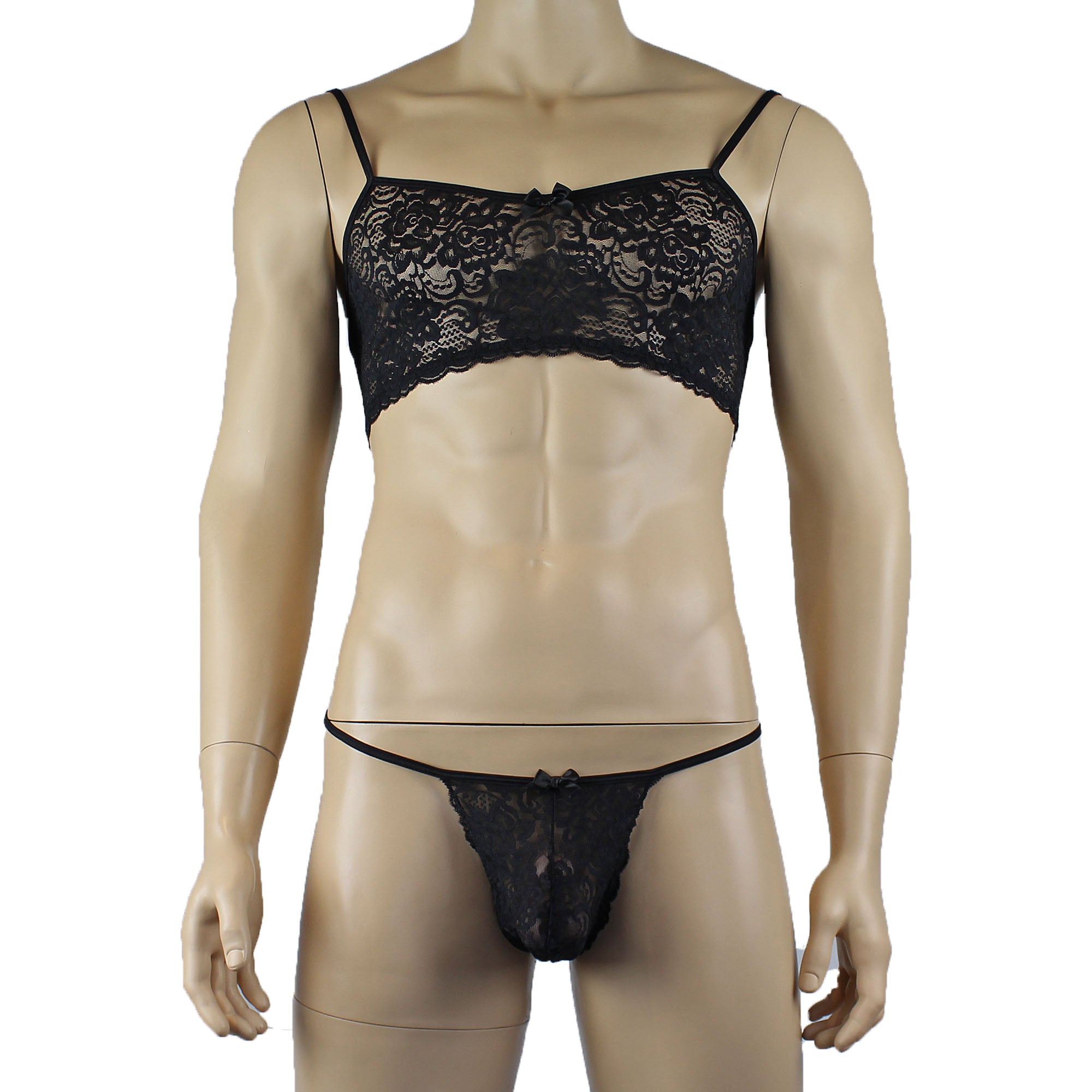 Mens Rebecca Pretty Floral Lingerie Lace Bra Top with G string Black