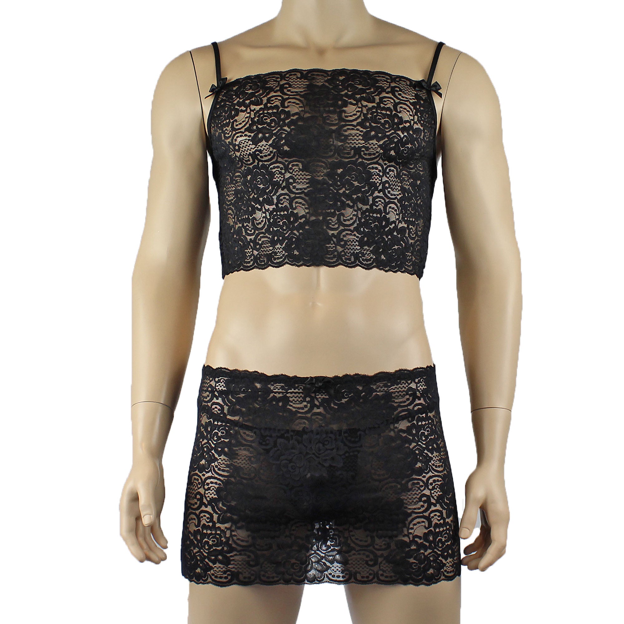 Mens Rebecca Pretty Floral Lingerie Lace Camisole Top, Micro Mini Skirt and G string Black