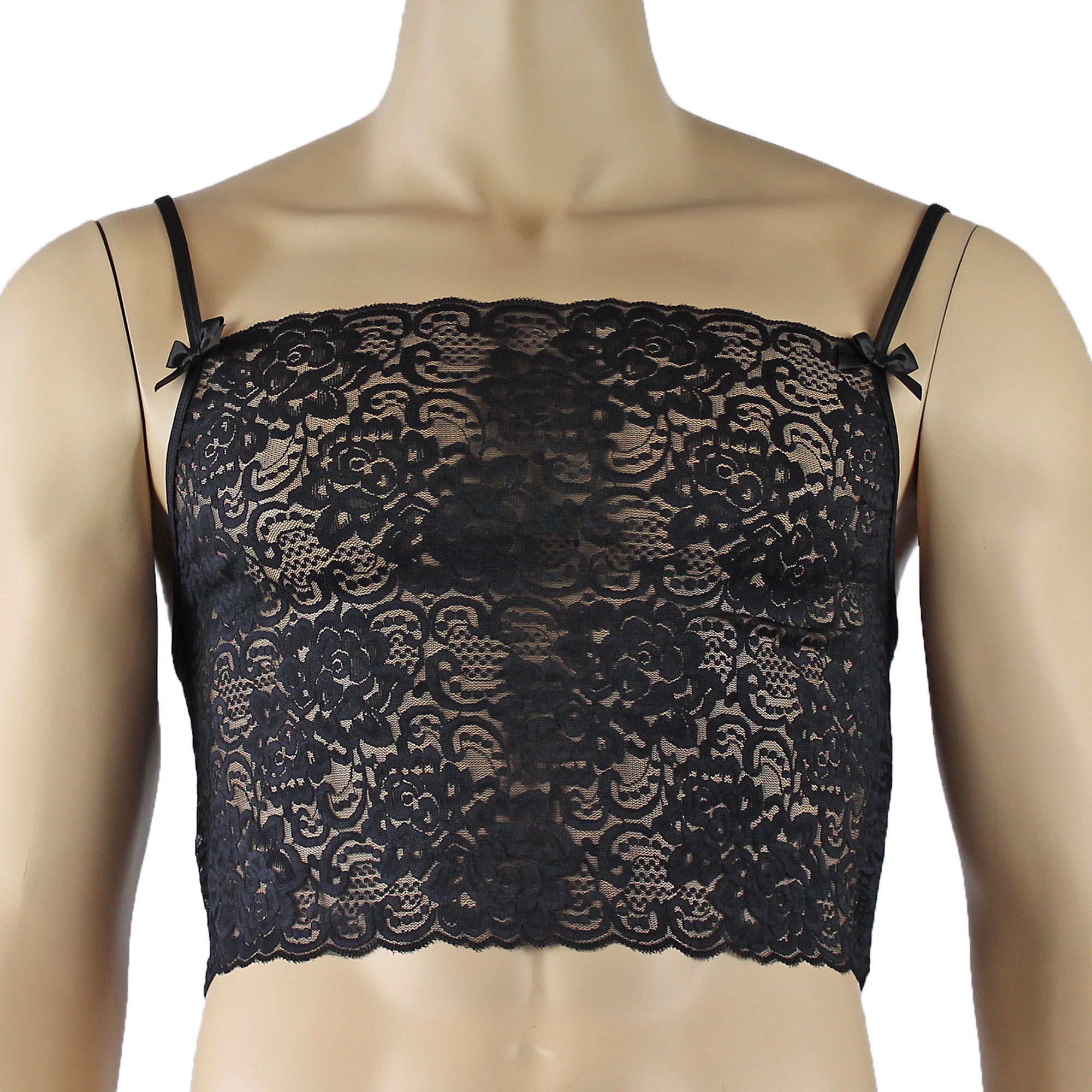 Mens Rebecca Pretty Floral Lingerie Lace Camisole Top, Micro Mini Skirt and G string Black