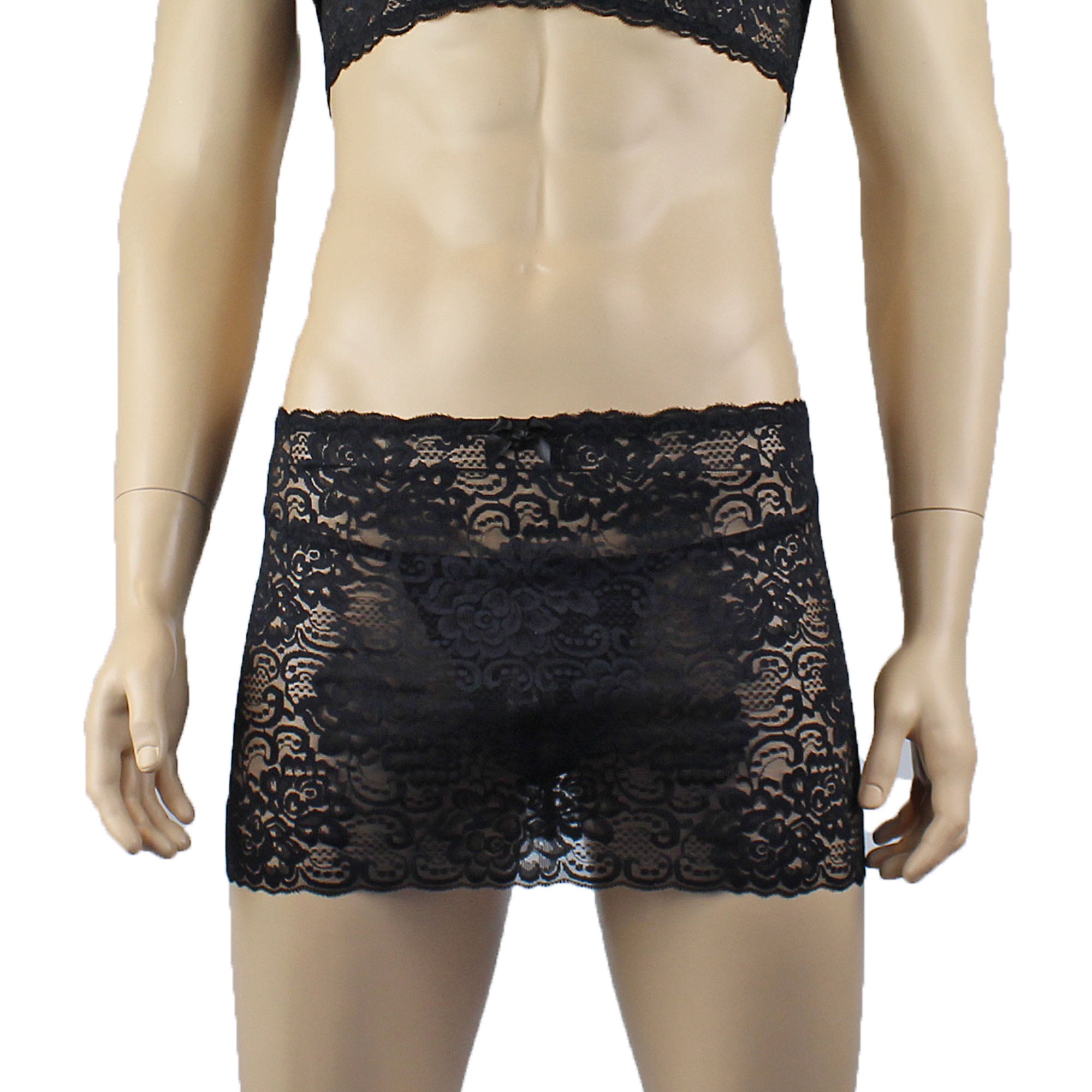 Mens Rebecca Pretty Floral Lingerie Lace Sheer See Through Mini Skirt Black