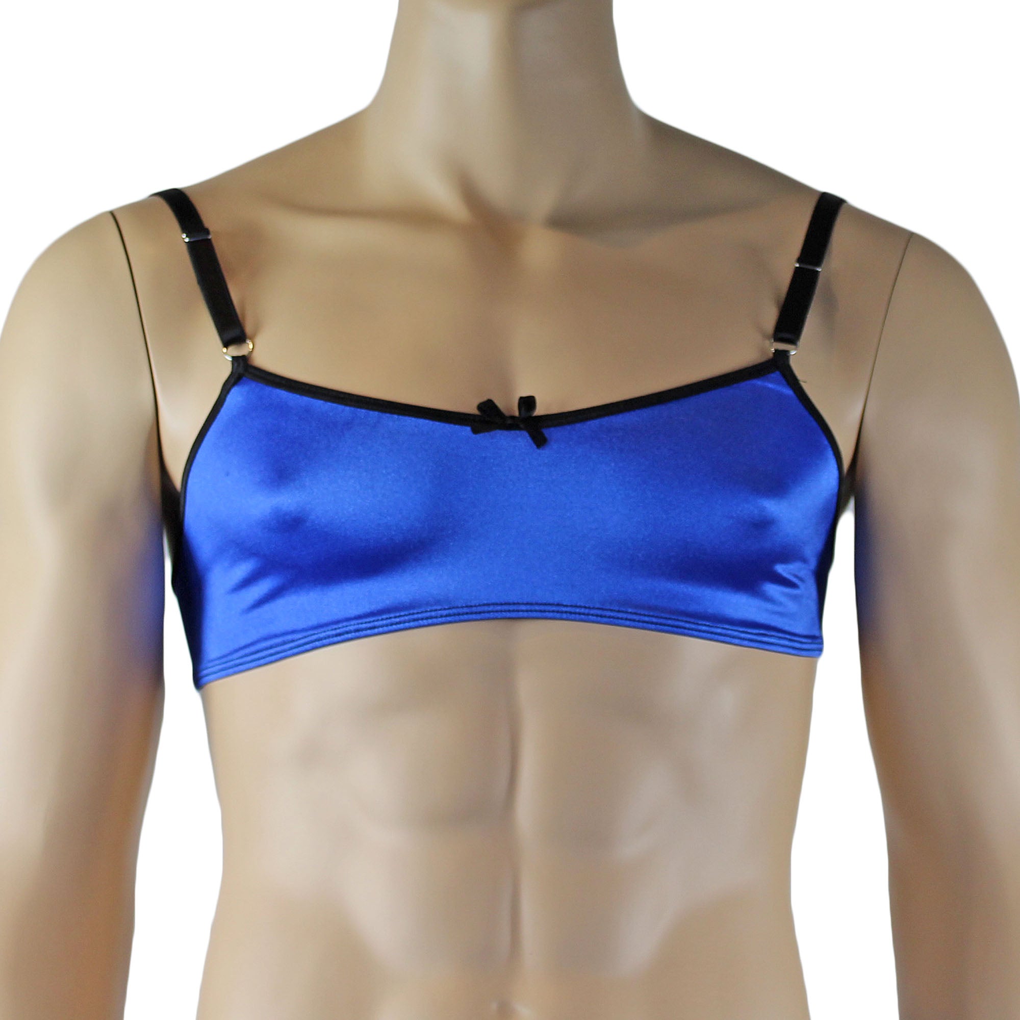 Mens Jenny Shiny Spandex Bra Top, G string and Garterbelt Lingerie Blue & Black