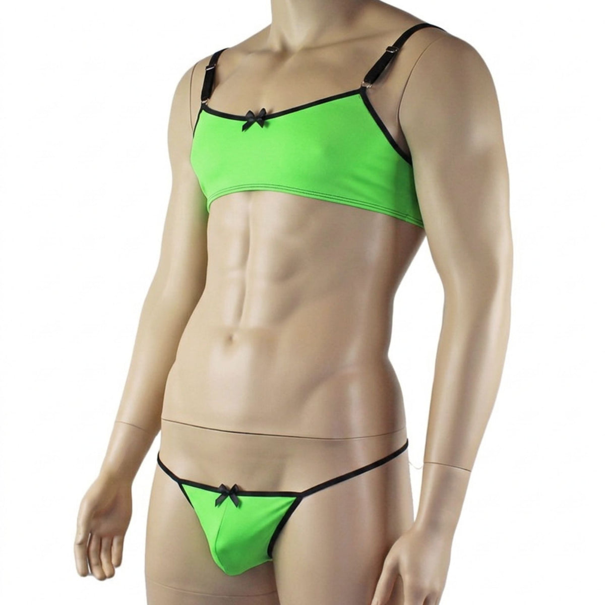 Mens Jenny Shiny Spandex Bra Top & G string Lingerie Neon Green & Black
