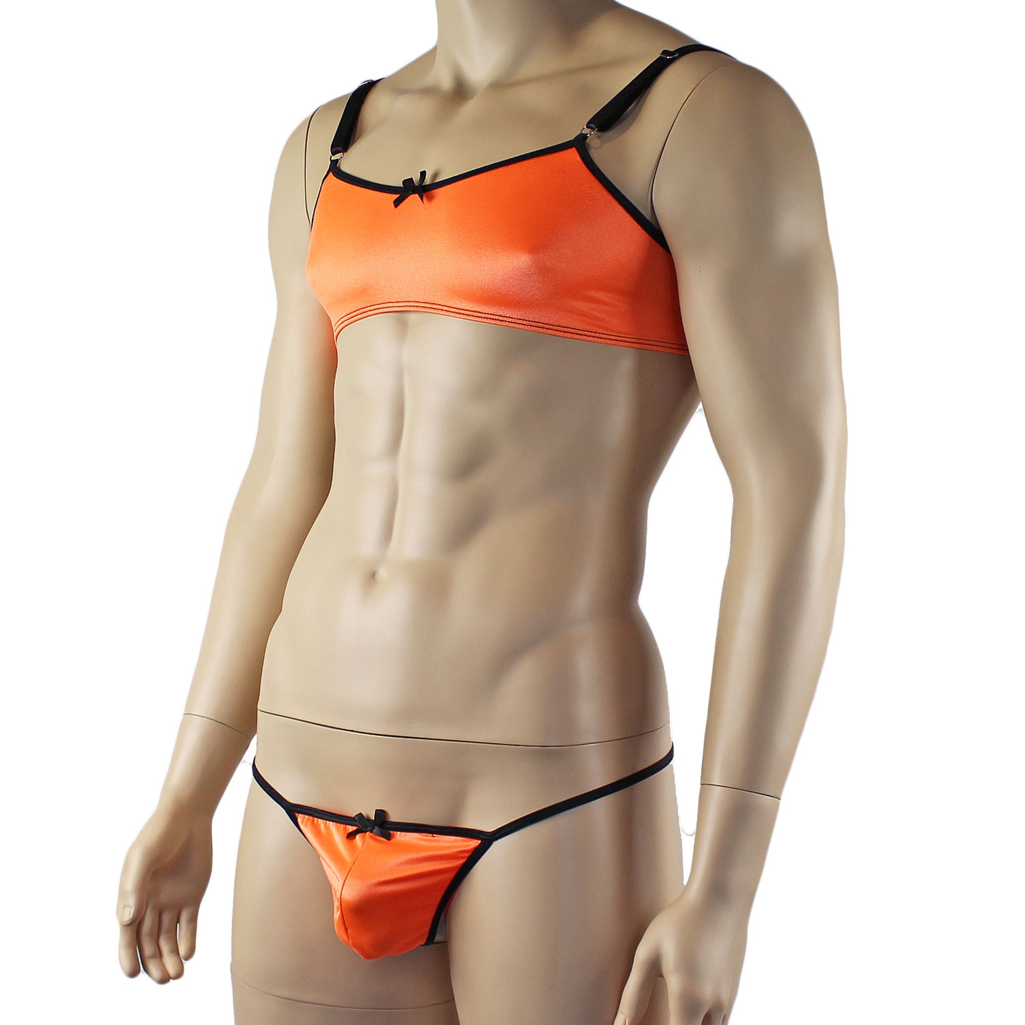 Mens Jenny Shiny Spandex Bra Top & G string Lingerie Orange
