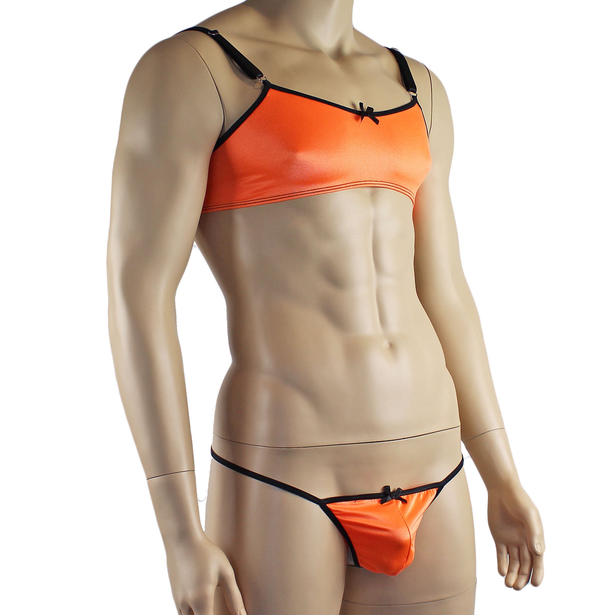 Mens Jenny Shiny Spandex Bra Top & G string Lingerie Orange