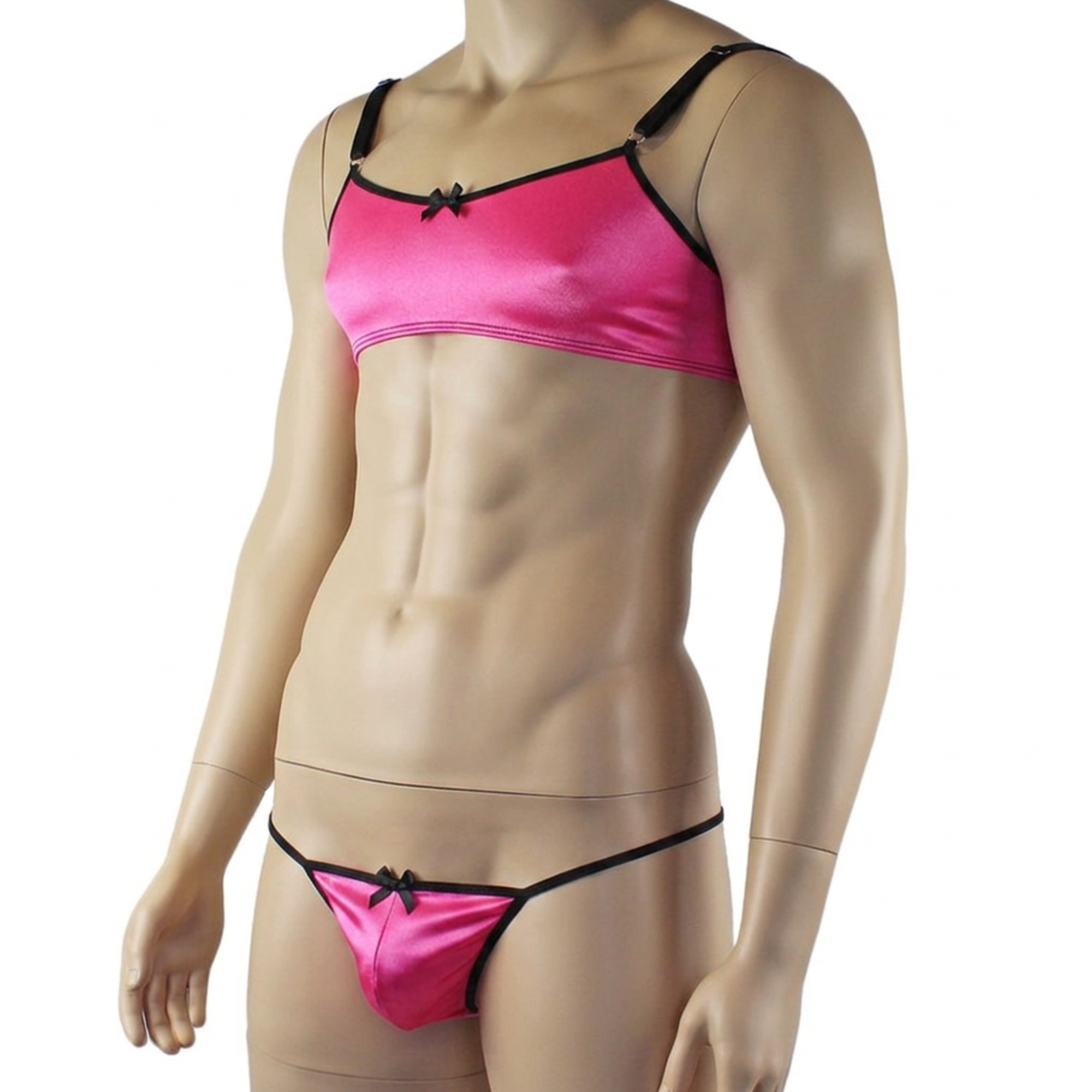 Mens Jenny Shiny Spandex Bra Top & G string Lingerie Hot Pink
