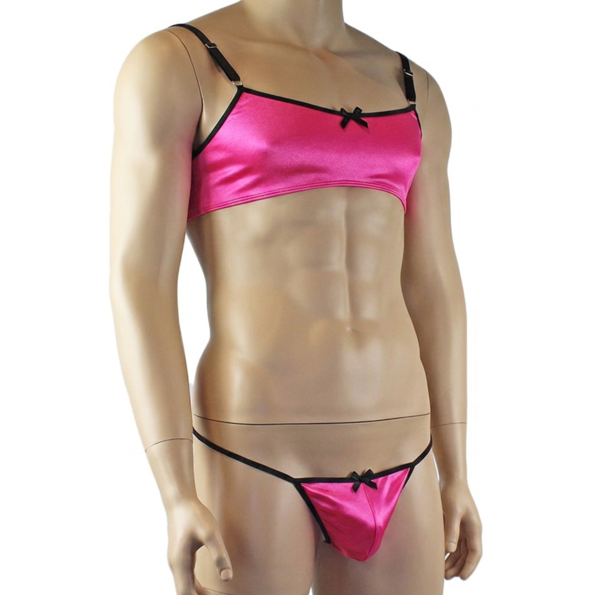 Mens Jenny Shiny Spandex Bra Top & G string Lingerie Hot Pink