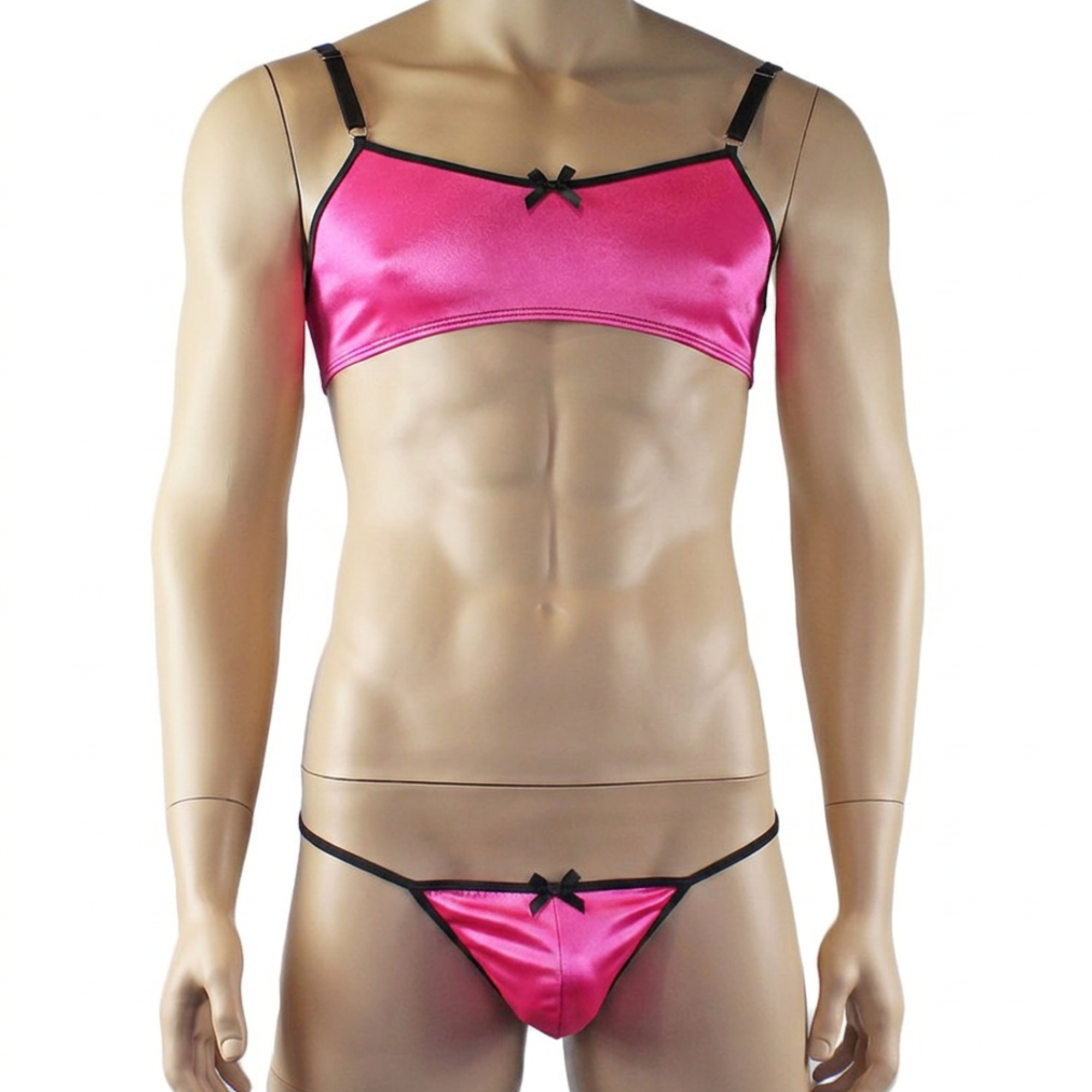 Mens Jenny Shiny Spandex Bra Top & G string Lingerie Hot Pink
