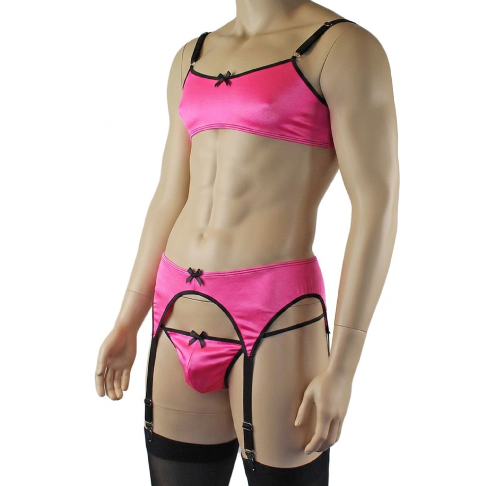 Mens Jenny Shiny Spandex Bra Top, G string and Garterbelt Lingerie Hot Pink & Black