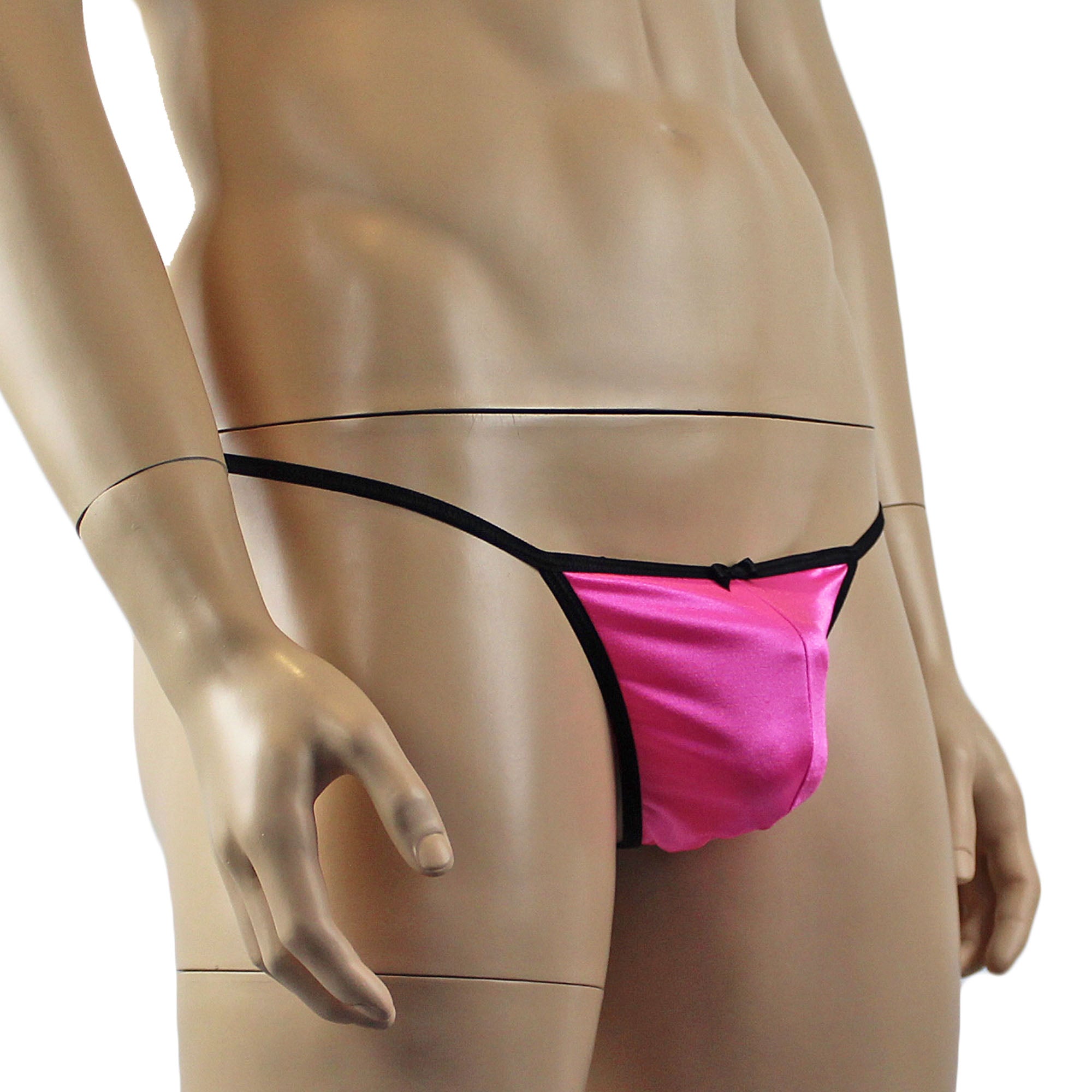 Mens Jenny Shiny Spandex Pouch G string with Bow Hot Pink & Black
