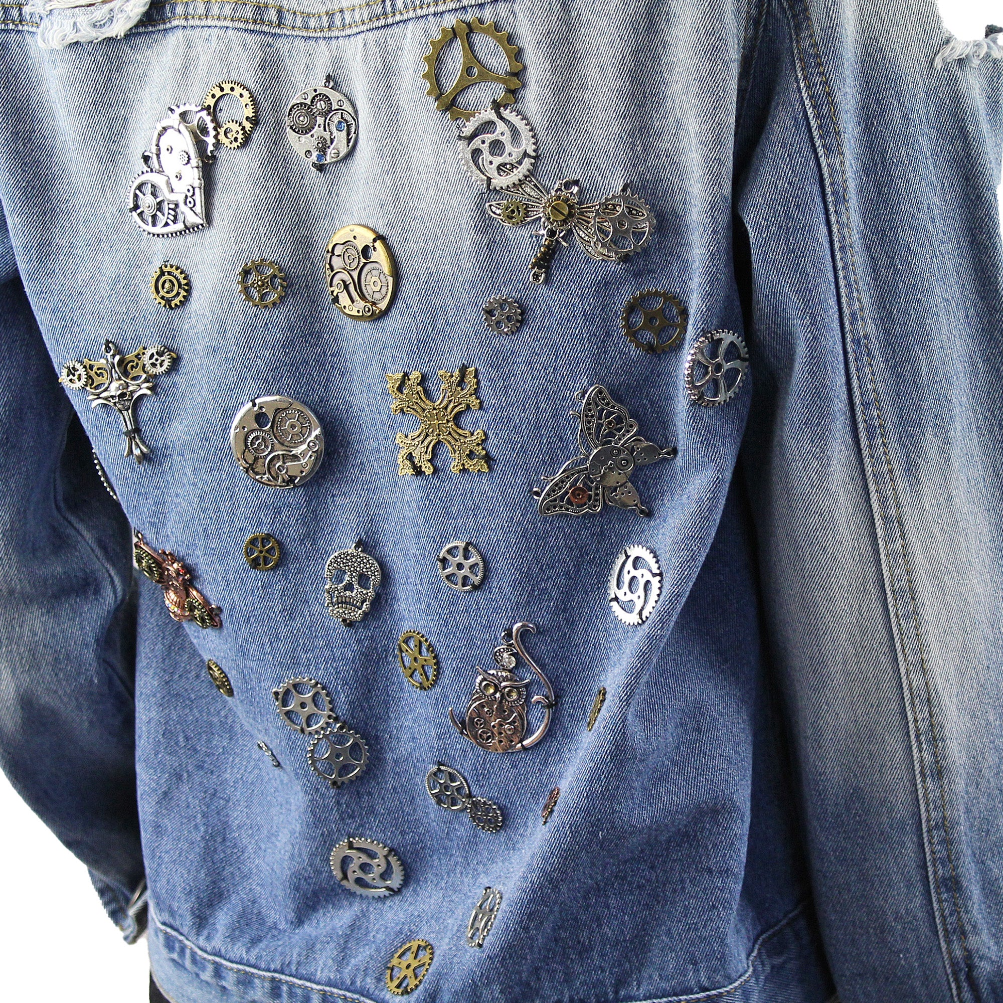 Jenni Re-Designed Denim Jacket with Metal Streampunk Embellishments & Distressed Look