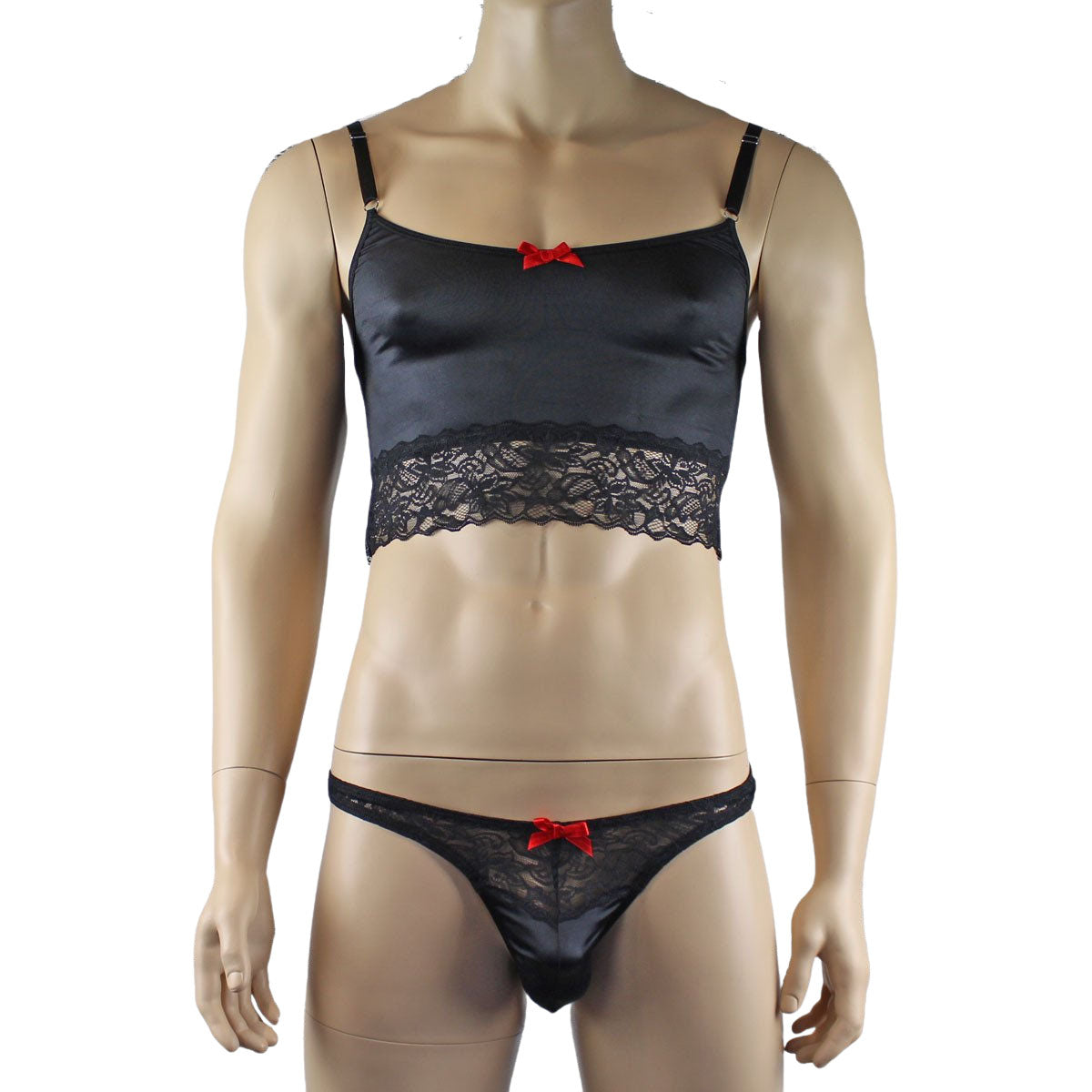 Mens Joanne Satin & Lace Crop Cami Top with Sexy Thong - Sizes up to 3XL Black and Black Lace