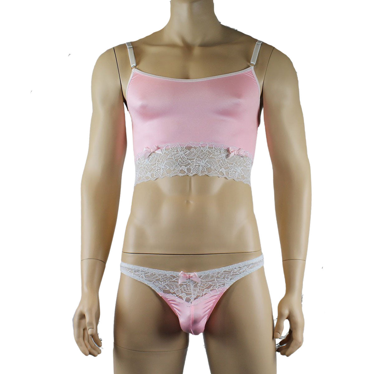 Mens Joanne Satin & Lace Crop Cami Top with Sexy Thong - Sizes up to 3XL Light Pink and White Lace