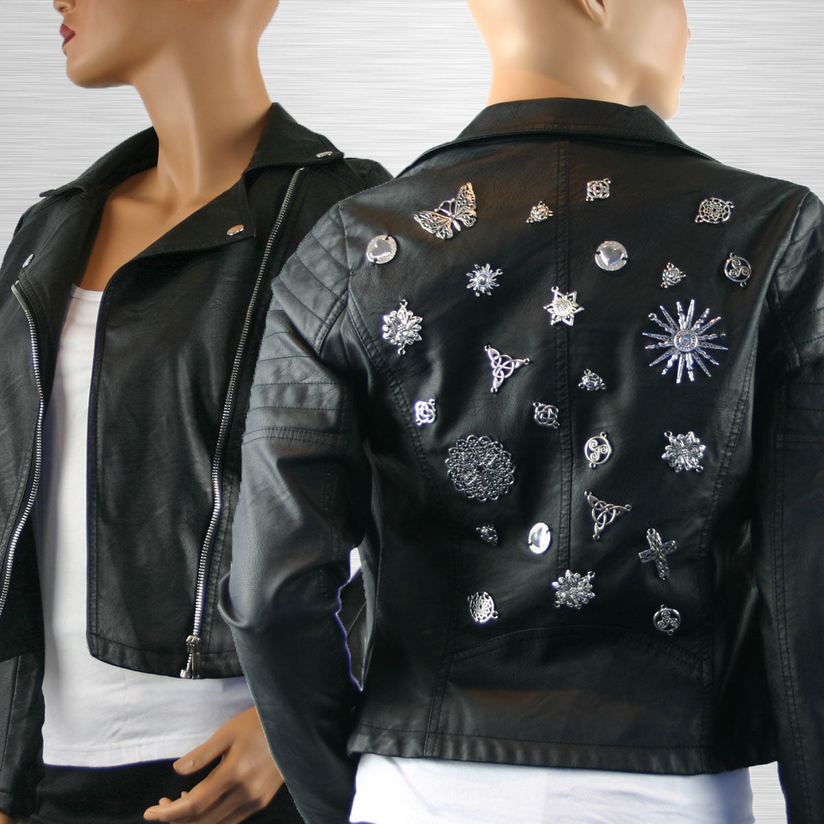 Krissy Re-Designed Faux Leather Biker Jacket with Metal Embellishments