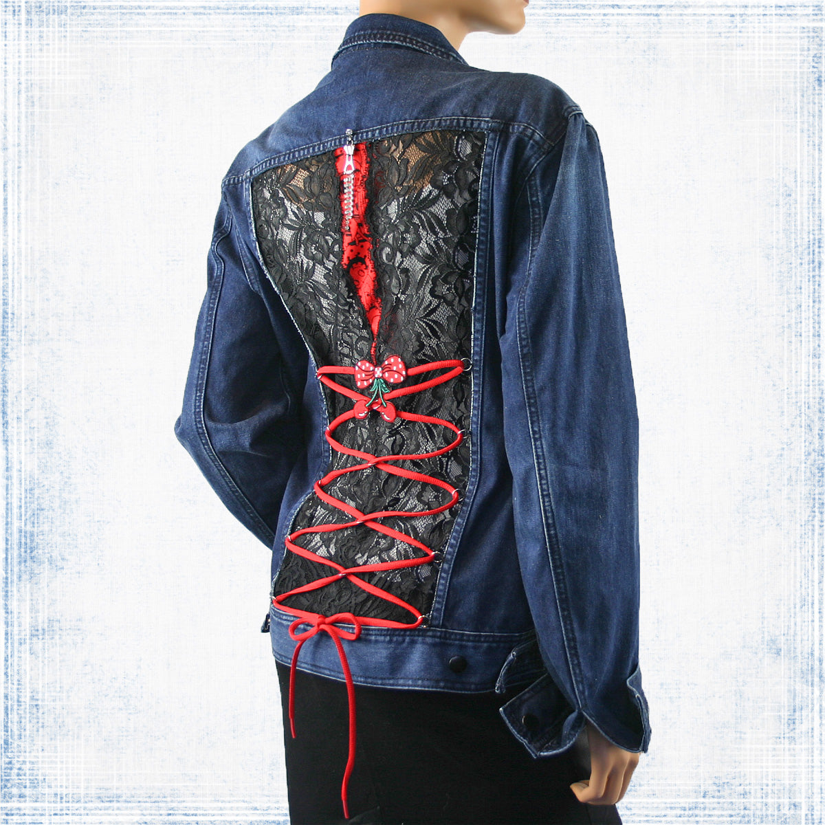 Lexie Re-Designed Retro Denim Jacket with Lace, Patches, Sexy Lacing & Distressed Look