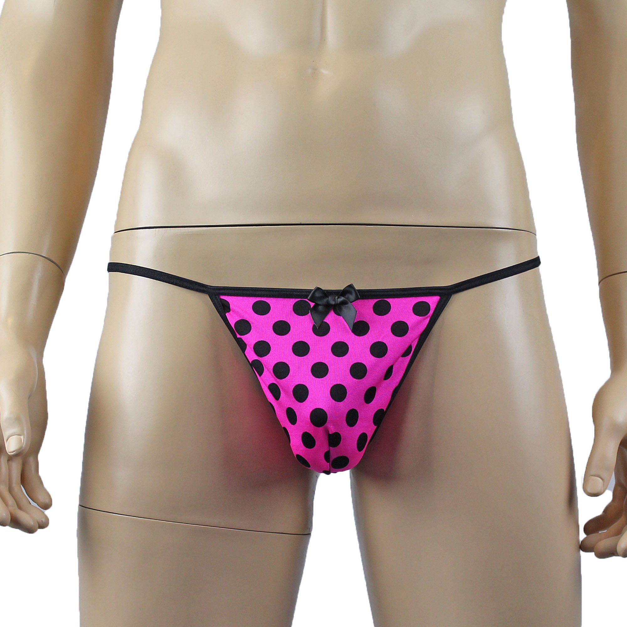 Mens Pink with Black Polka Dot Sexy V Back Pouch G string with Bow