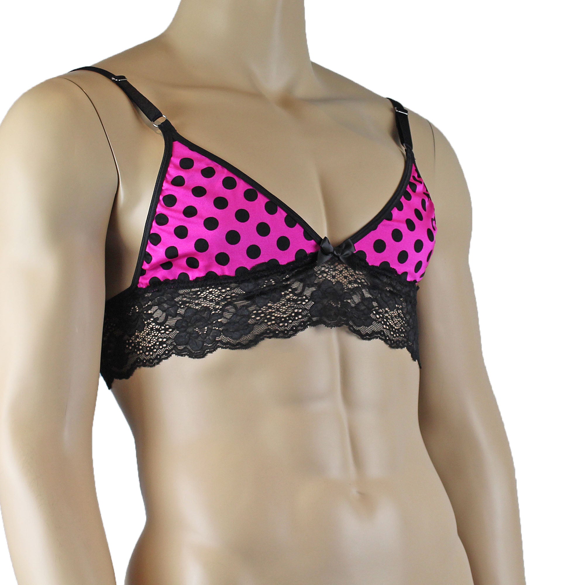 Mens Pink Polka Dot Hot Pink Lace Bra Top with Matching Polka G string