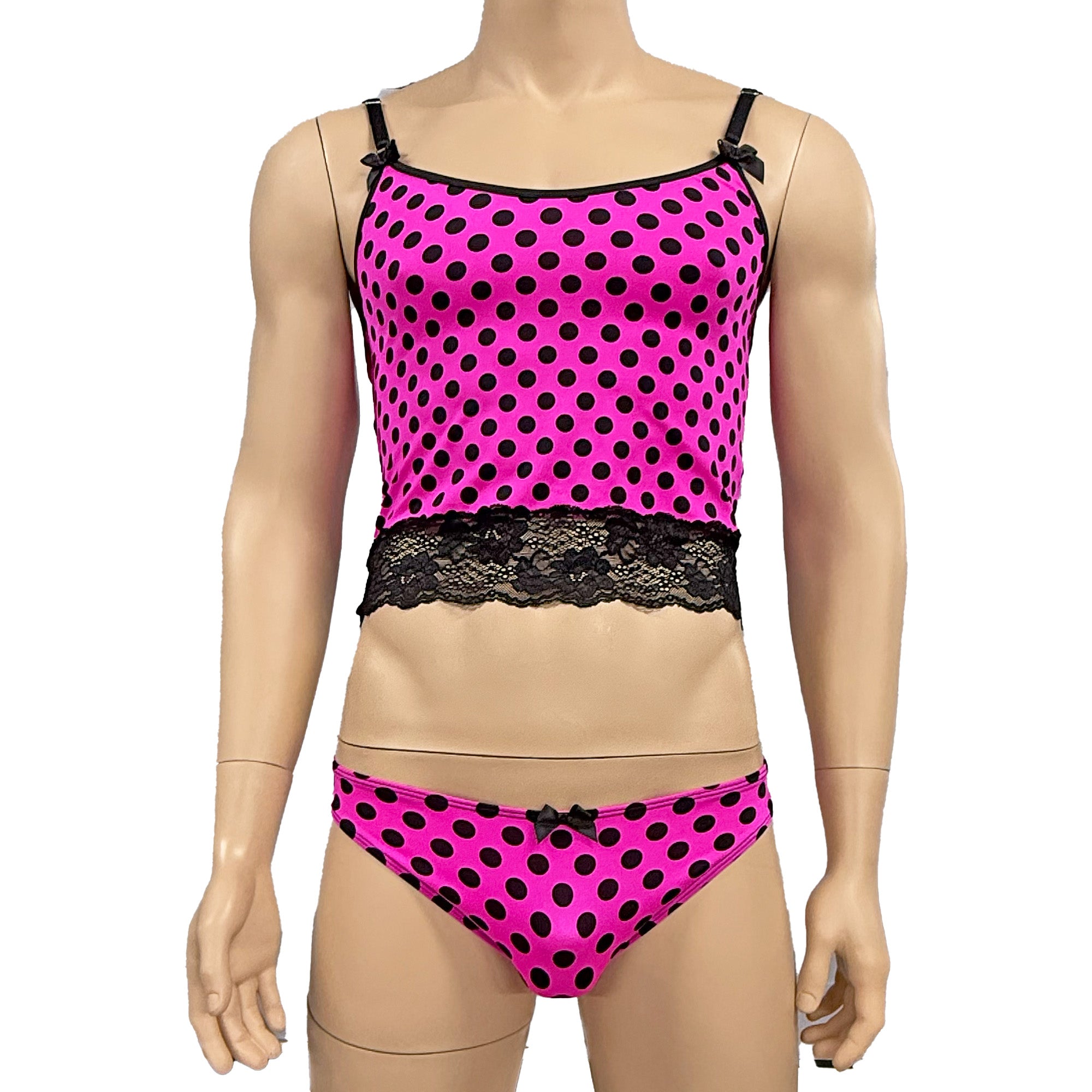 Mens Hot Pink Polka Dot & Lace Camisole Top & Seamless Bikini Brief