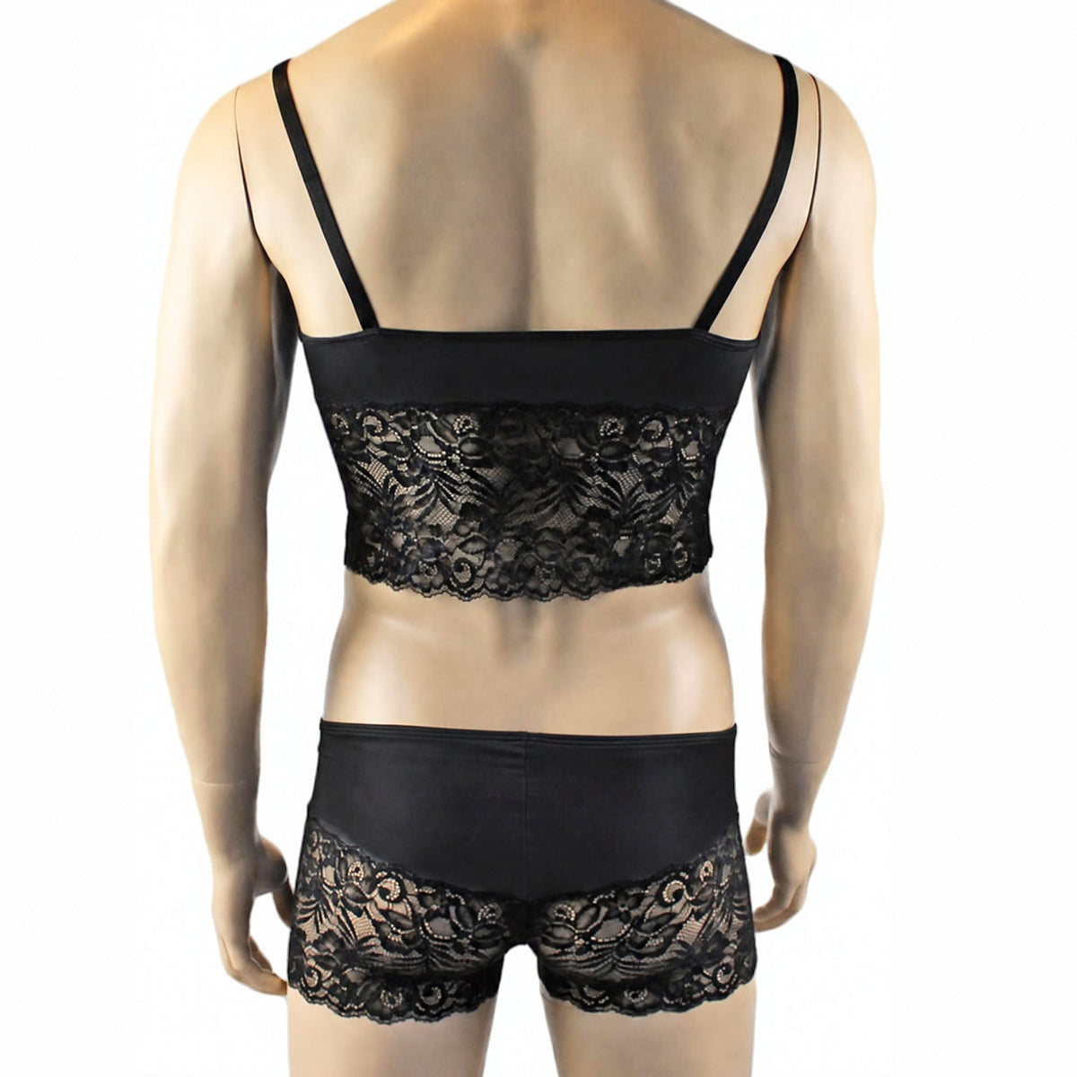 Mens Risque Camisole Top Boxer Briefs Neon Black & Black Lace