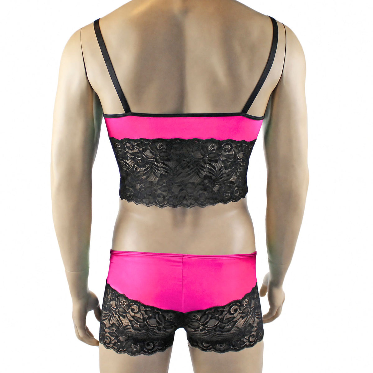 Mens Risque Camisole Top Boxer Briefs Neon Pink and Black Lace