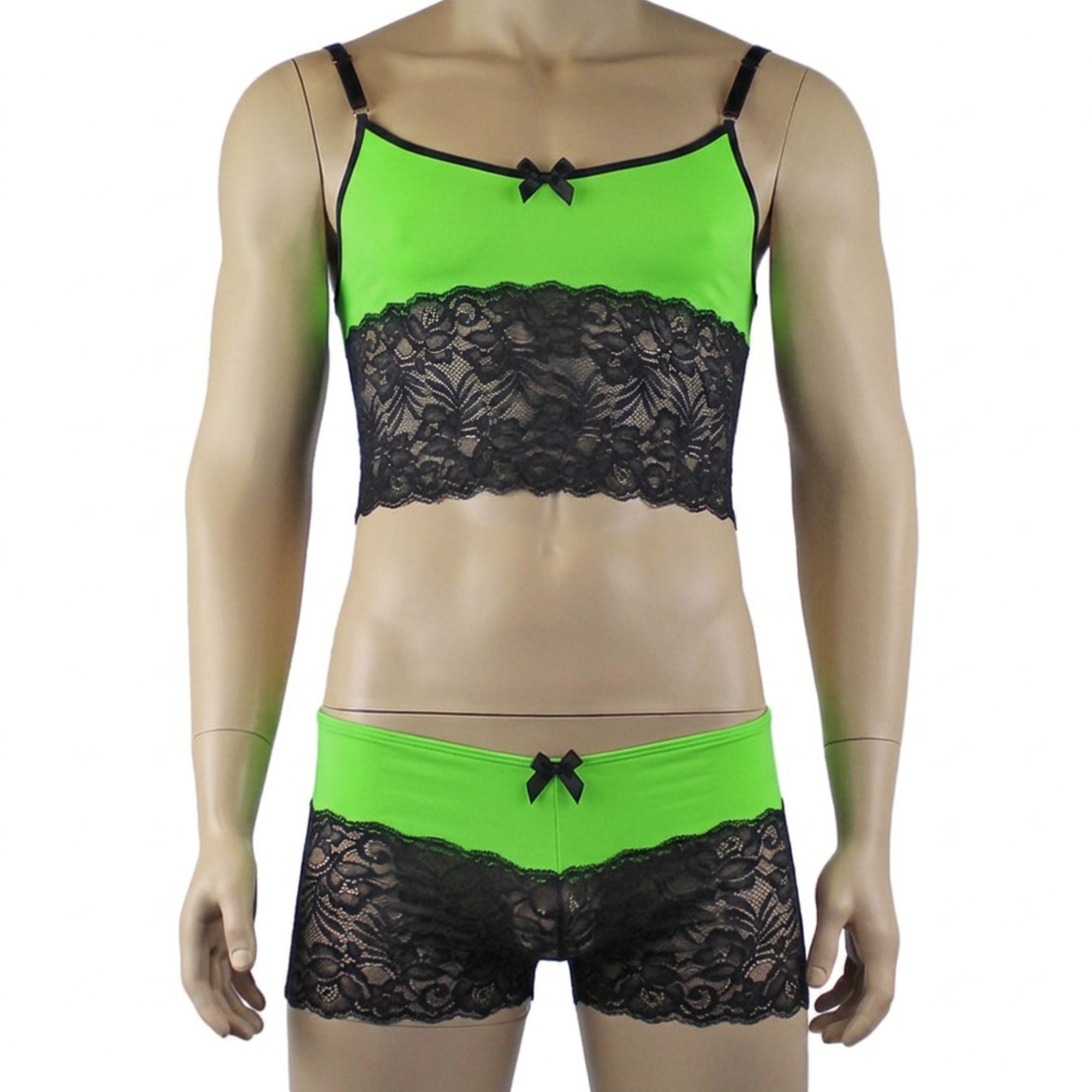Mens Risque Camisole Top Boxer Briefs Neon Green and Black Lace