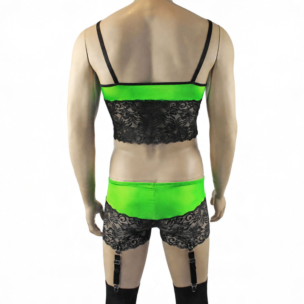 Mens Risque Camisole Top Boxer Briefs with Garters Neon Green & Black Lace