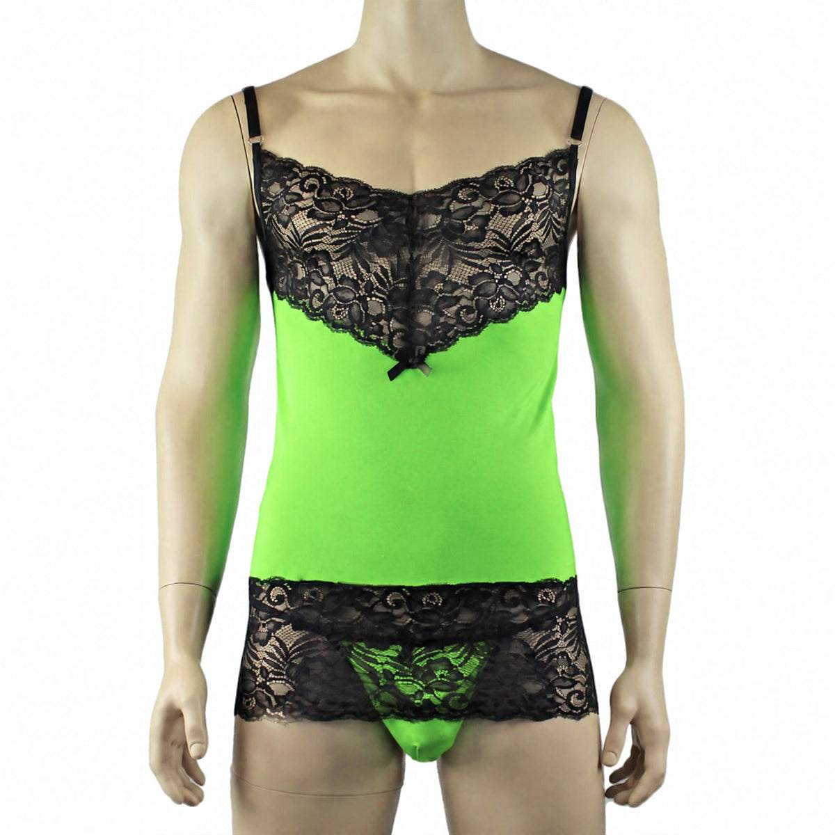 Mens Risque Camisole Mini Dress Chemise & G string Green & Black
