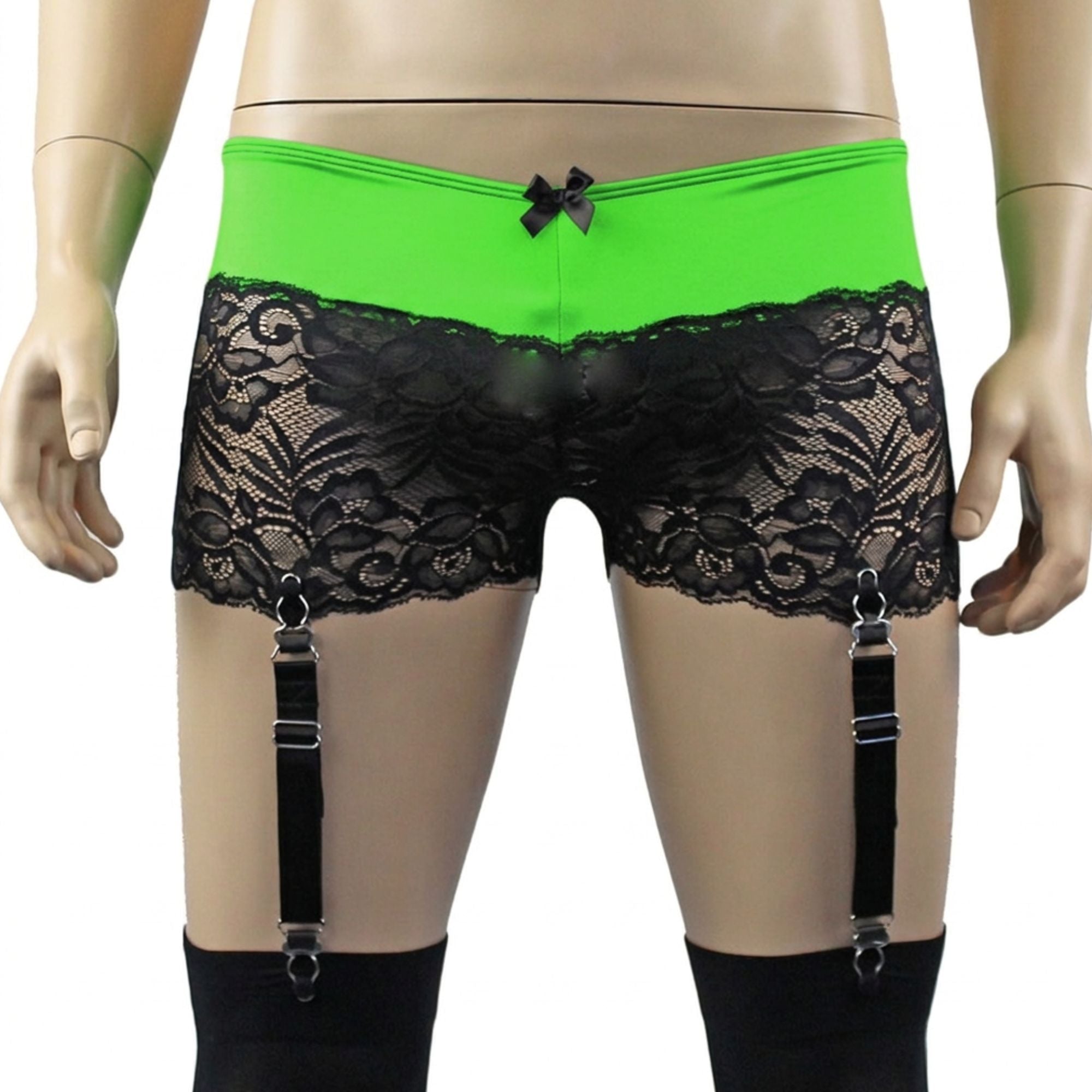 Mens Risque Boxer Briefs with Detachable Garters & Stockings Neon Green and Black Lace