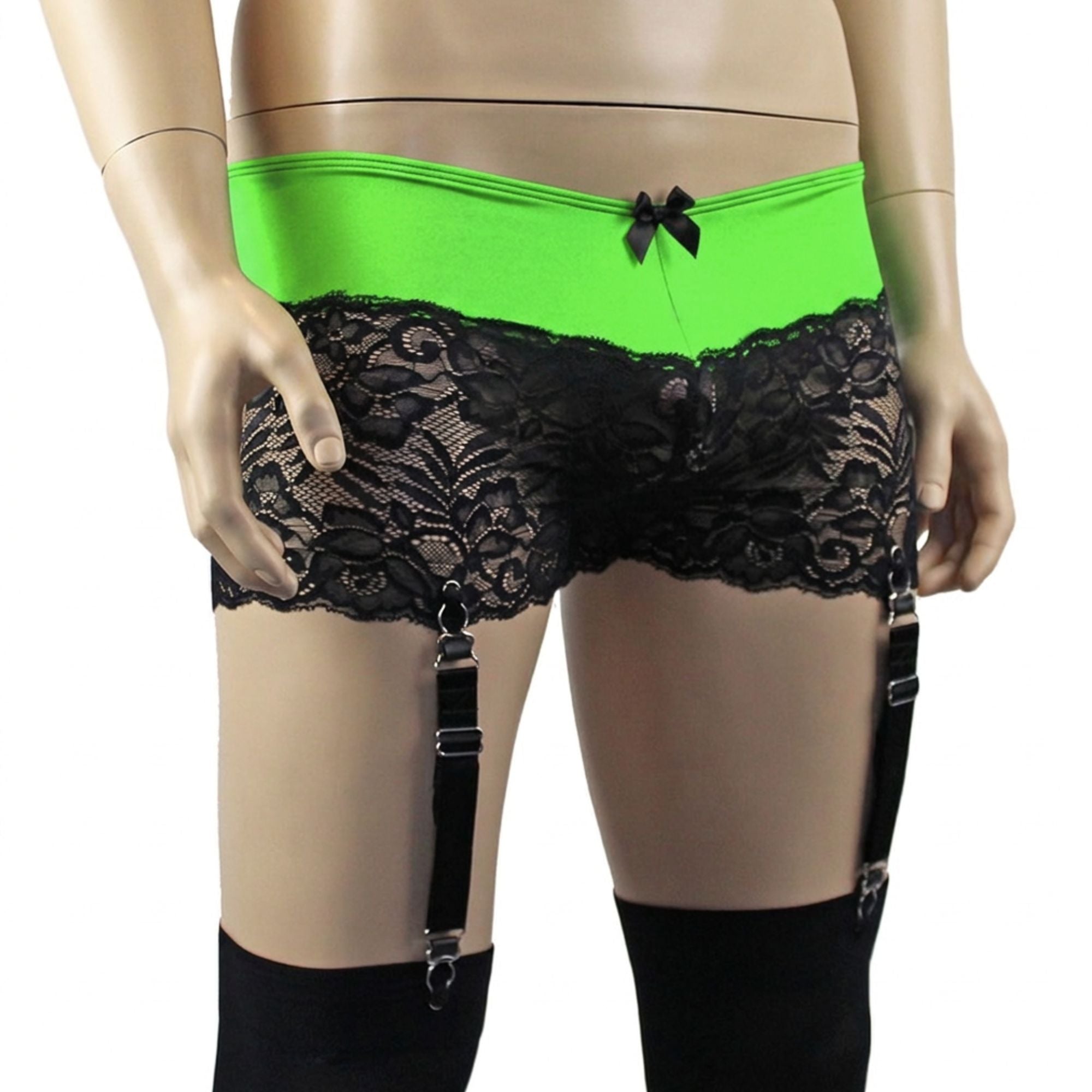 Mens Risque Boxer Briefs with Detachable Garters & Stockings Neon Green and Black Lace