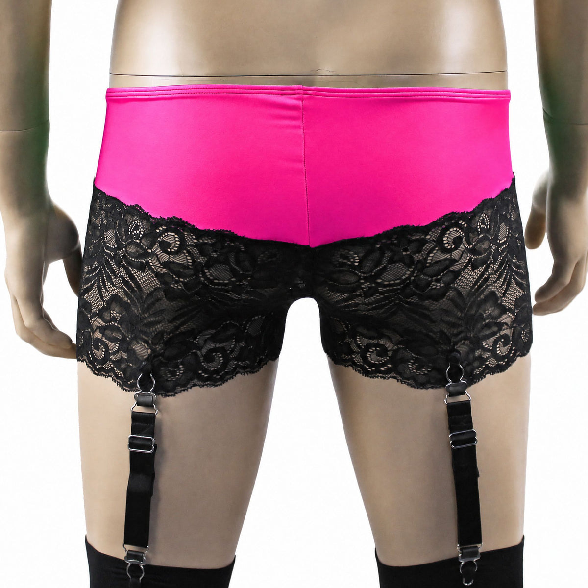Mens Risque Camisole Top Boxer Briefs with Garters Neon Pink & Black Lace