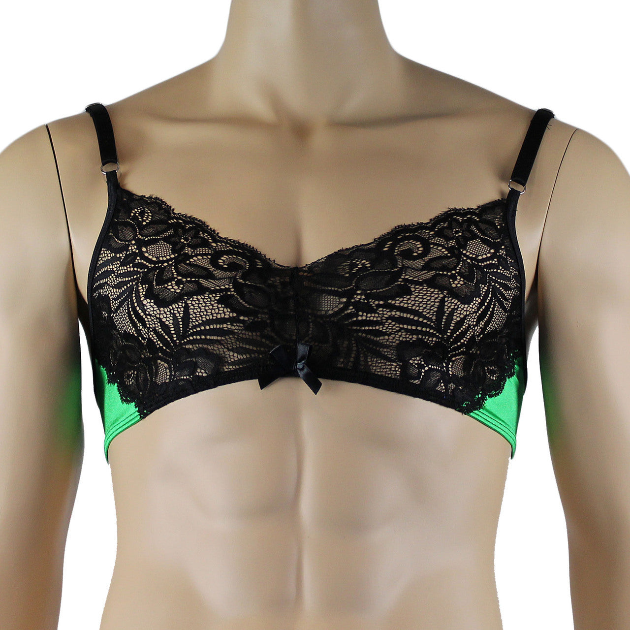 Mens Risque Bra Top and Bikini Brief Green and Black Lace