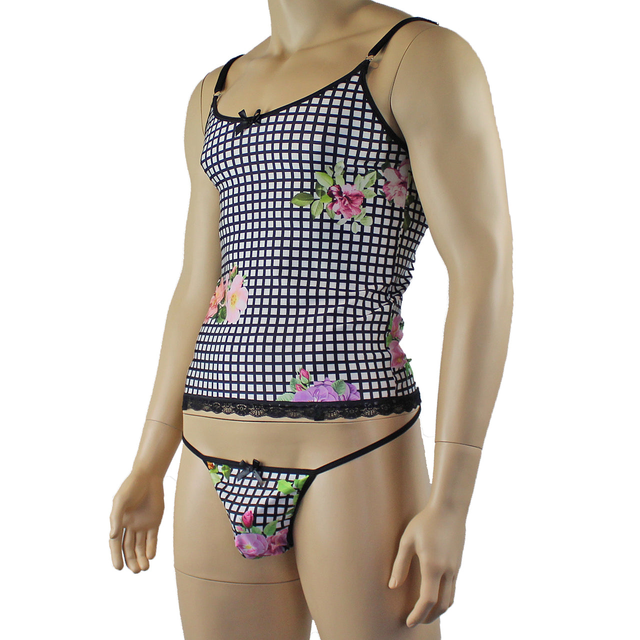 Mens Diana Long Cami Top & G string in a Pretty Flower Checkered Print Spandex