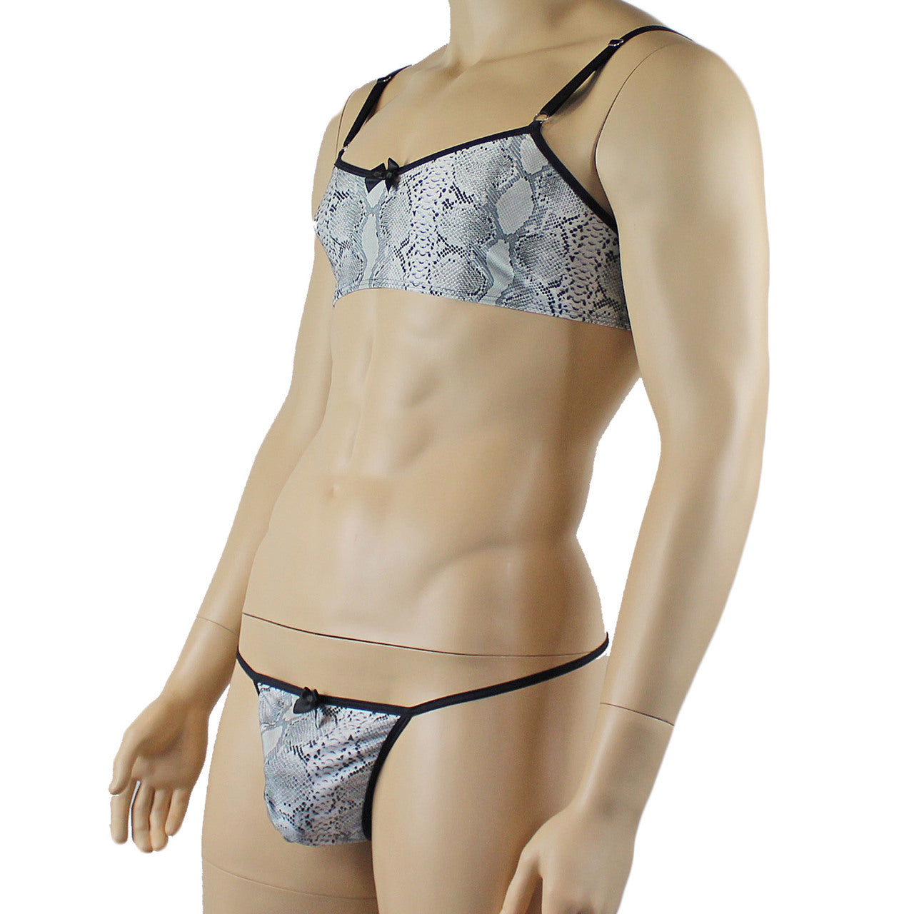 Mens Grey Snake Print Bra Top for Males & G string