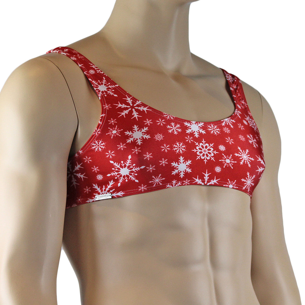 Mens Christmas Snowflake Print Spandex Bra Top Red and White