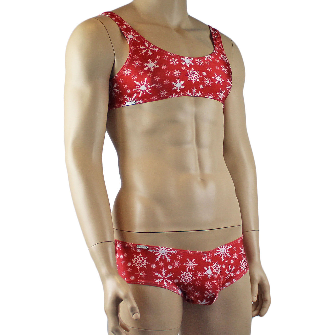 Mens Christmas Snowflake Bra Top & Low Rise Boxer Brief Red and White