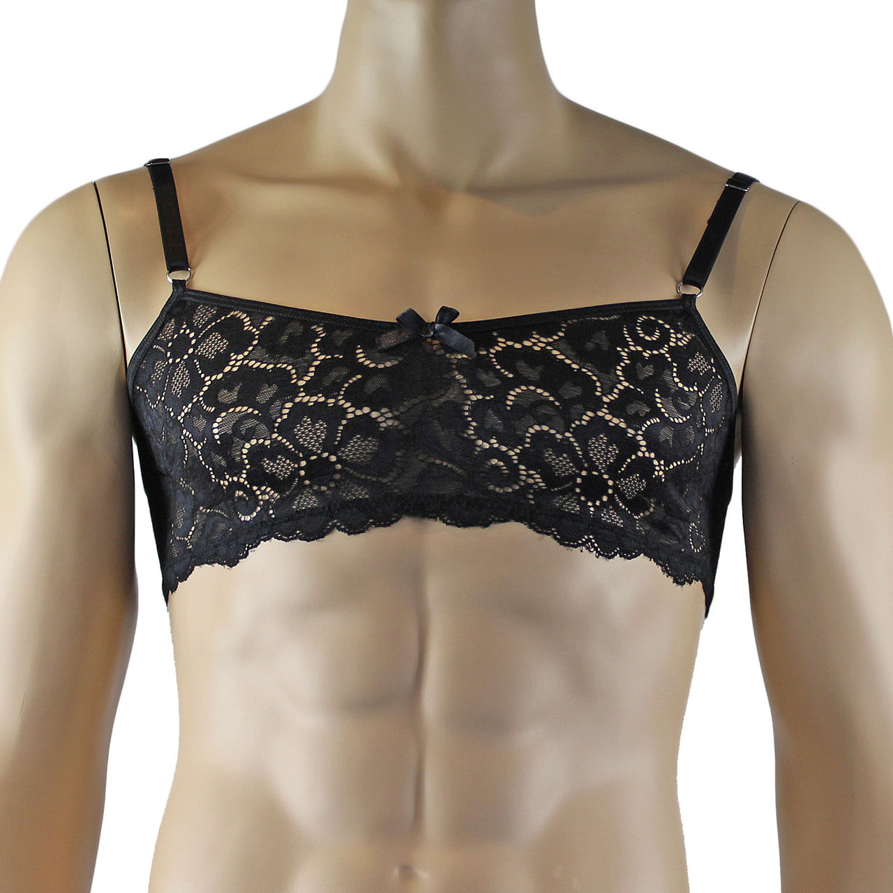 Mens Sweetheart Scalloped Shiny Lace Bra Top and Panty Black