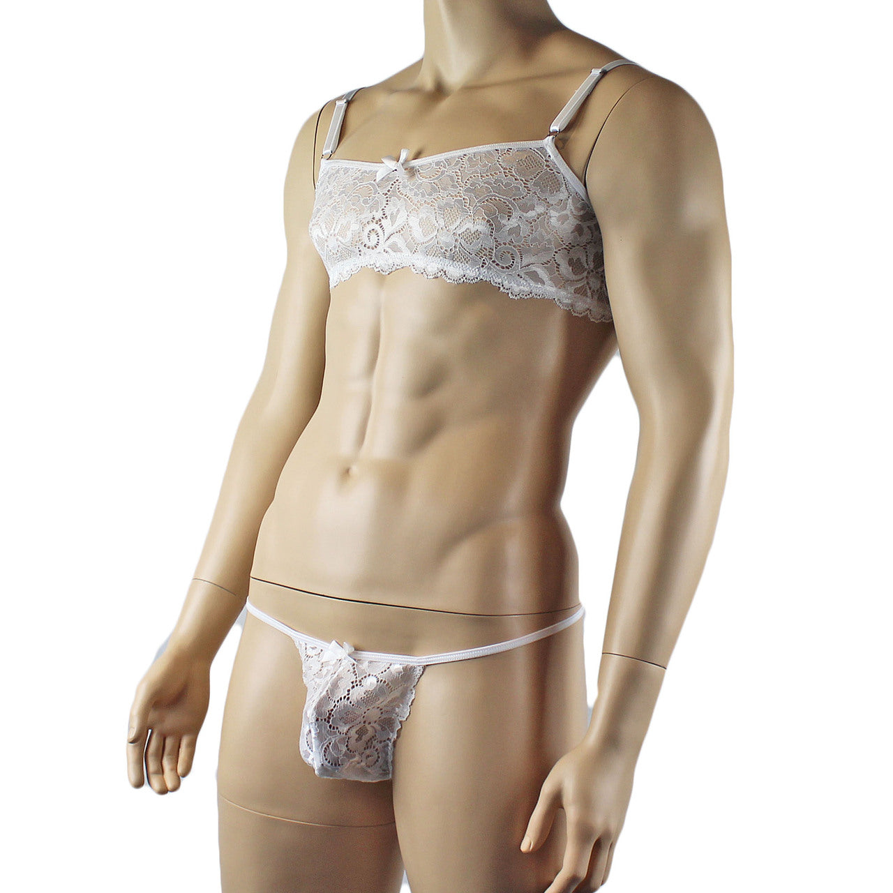 Mens Sweetheart Scalloped Shiny Lace Bra Top and G string White