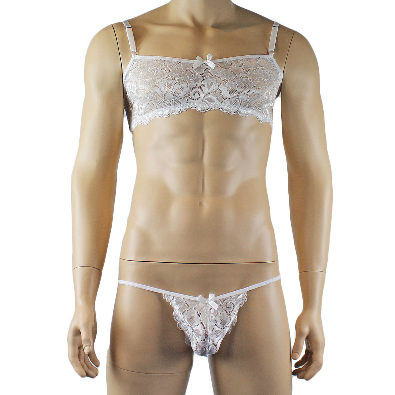 Mens Sweetheart Scalloped Shiny Lace Bra Top and G string White