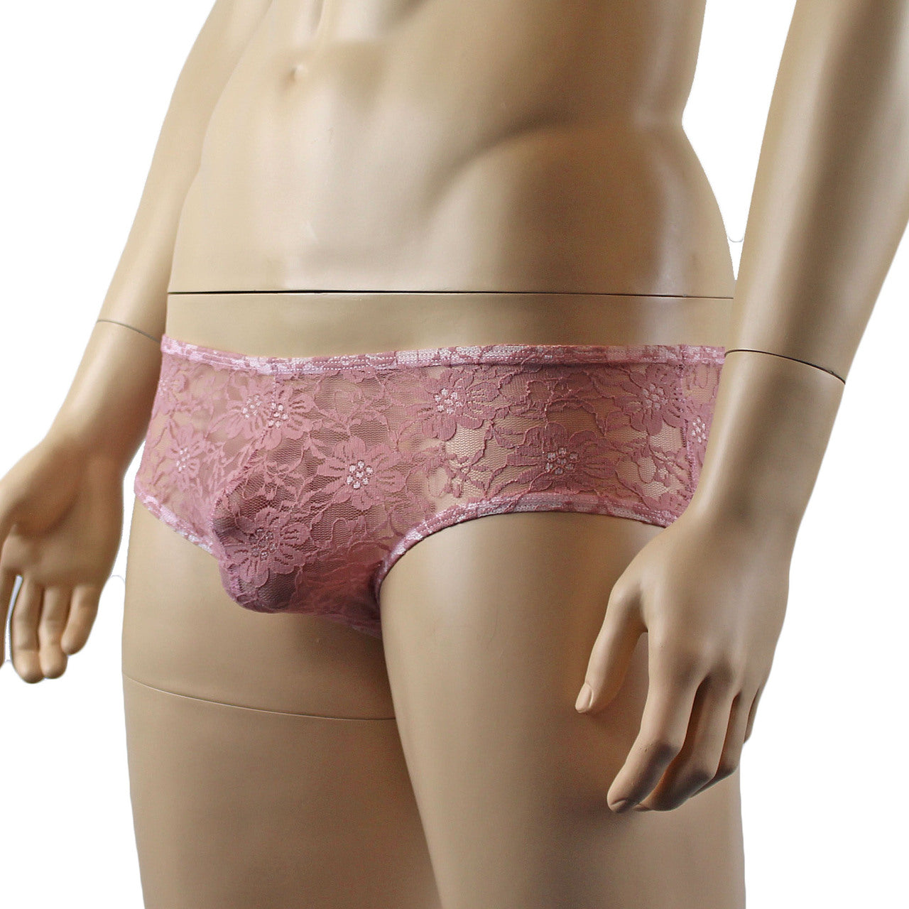 Mens Sexy Lingerie Stretch Lace  Male Panty Bikini Brief Dusty Pink