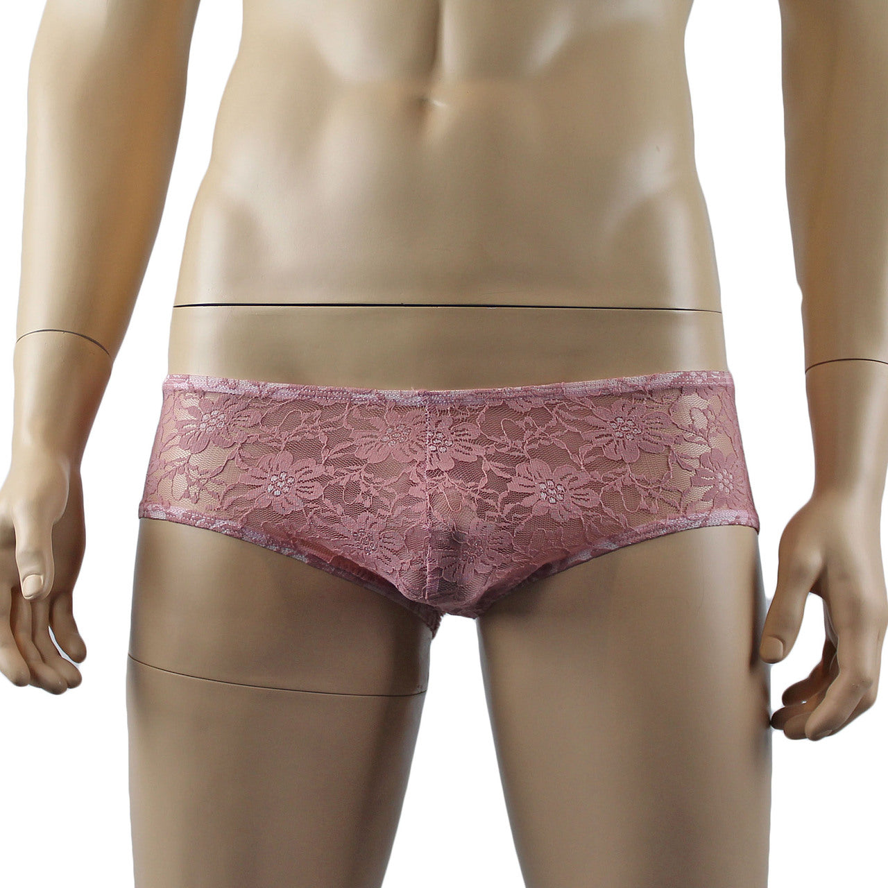 Mens Sexy Lingerie Stretch Lace  Male Panty Bikini Brief Dusty Pink
