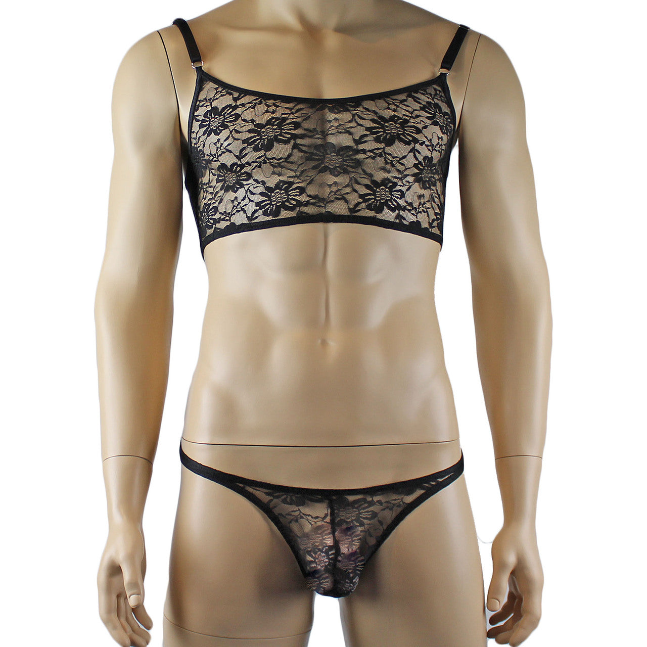 Mens Sexy Lace Crop Top Bra and Matching Lace Thong Black